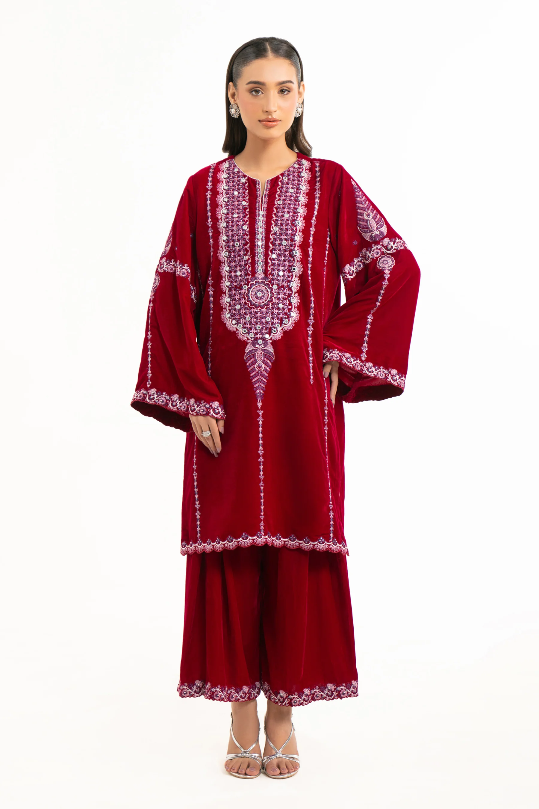 STITCHED EMBROIDERED VELVET SHIRT BOTTOM