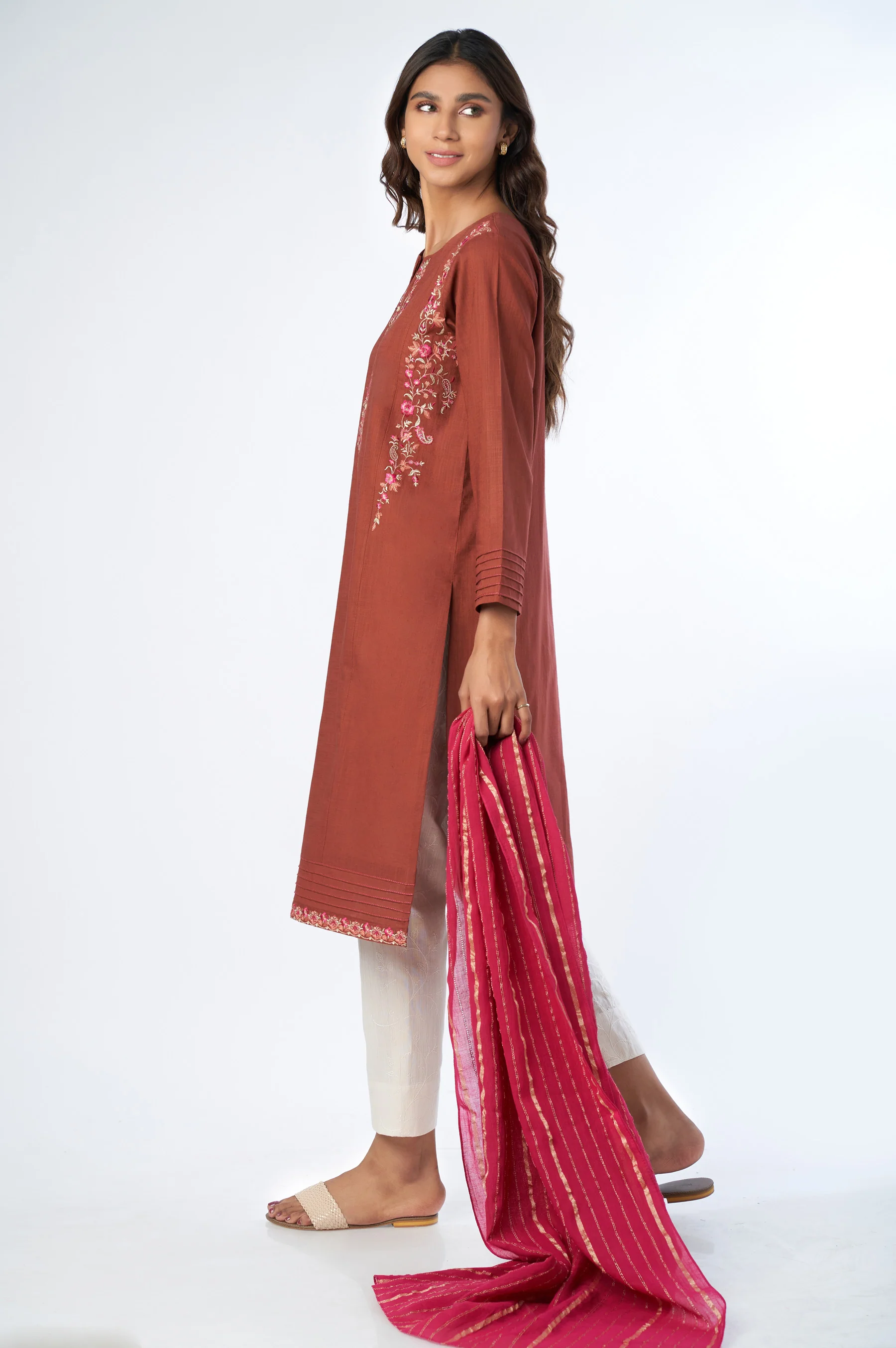 Stitched 2 Piece Cotton Slub shirt & Stipes Jacquard Dupatta - Image 2