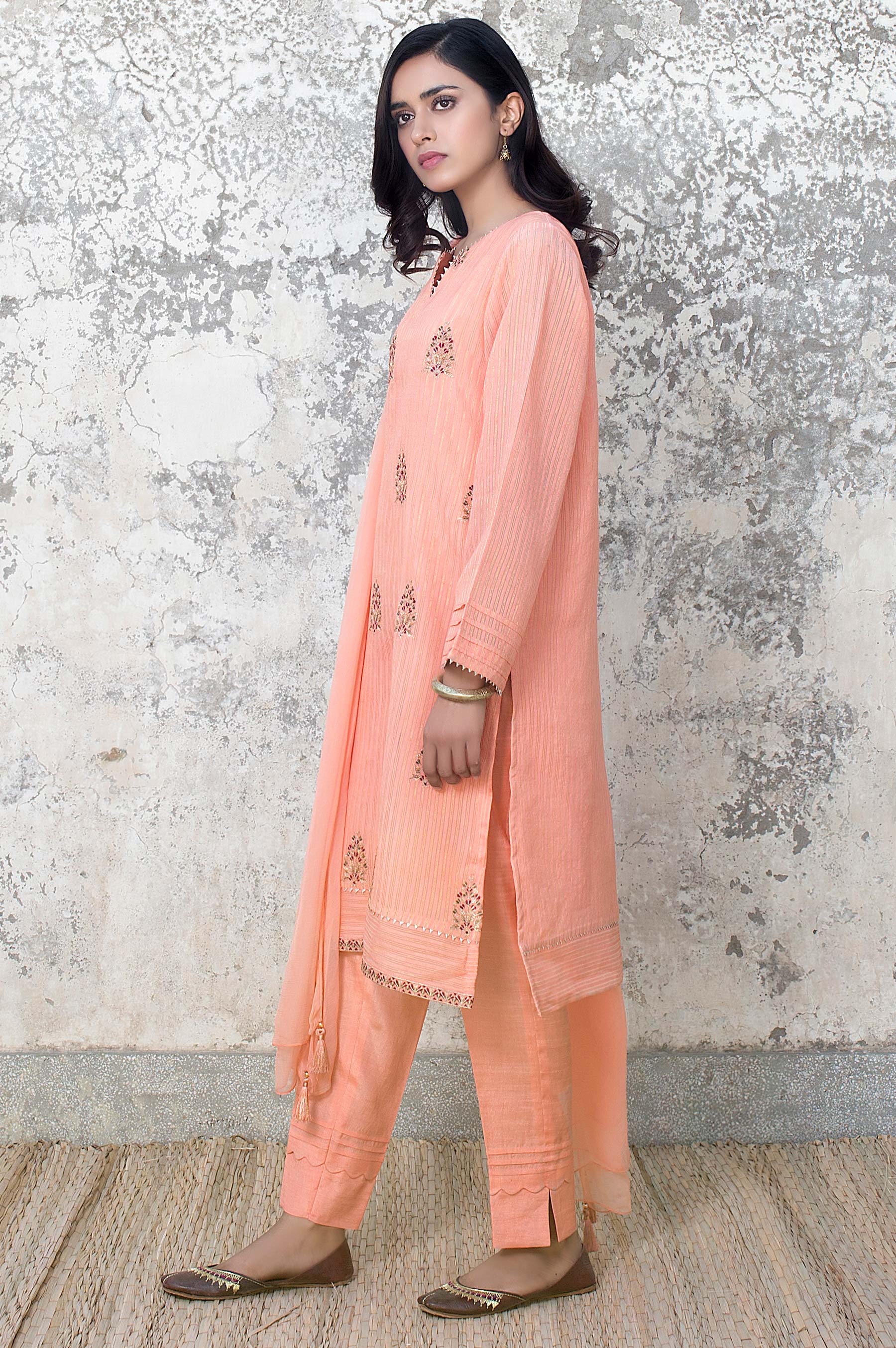 Stitched 2 Piece Stripe Cotton Embroidered Suit - Image 4