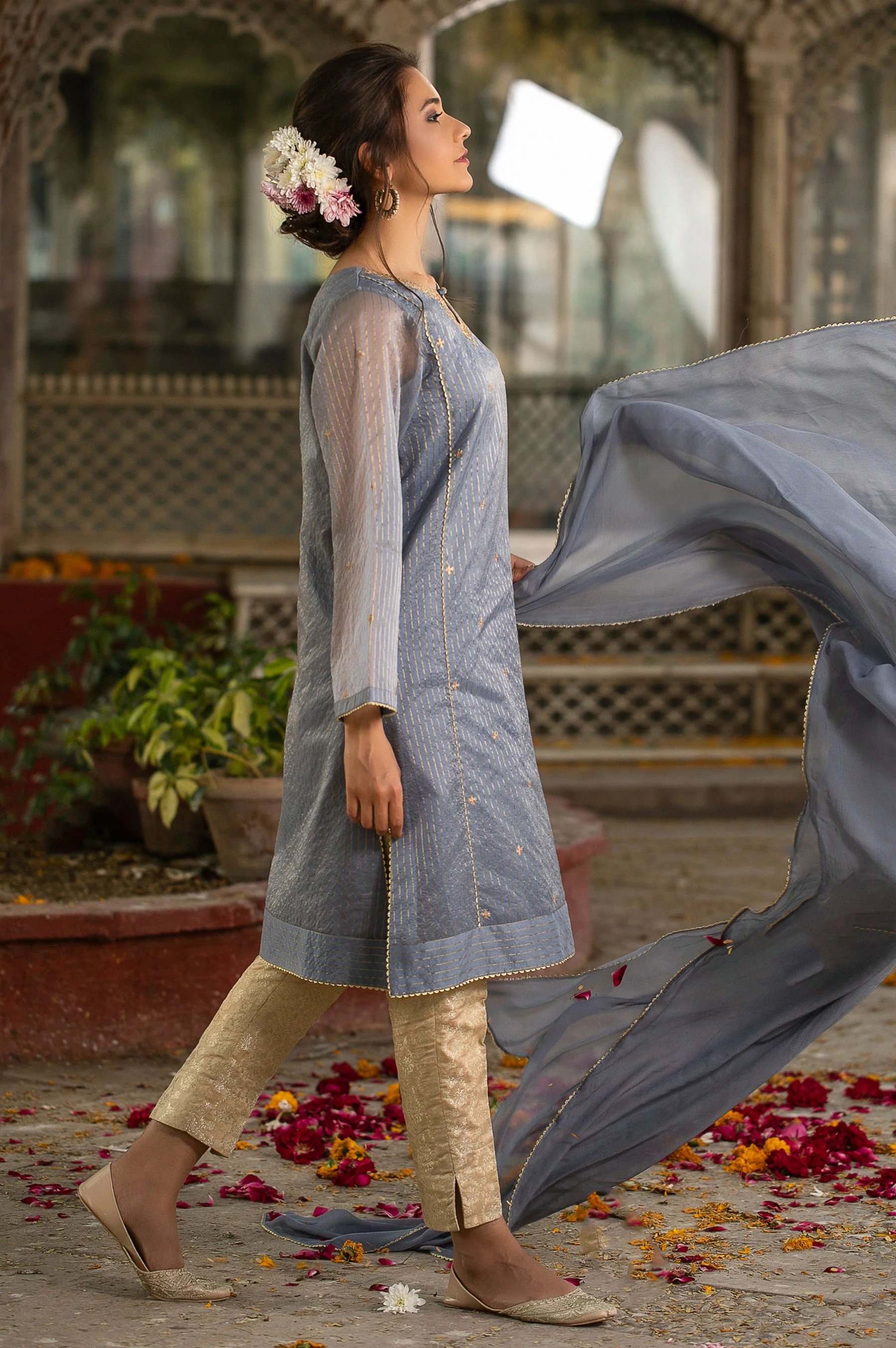 Stitched 2 Piece Striped Organza Embroidered Suit - Image 2