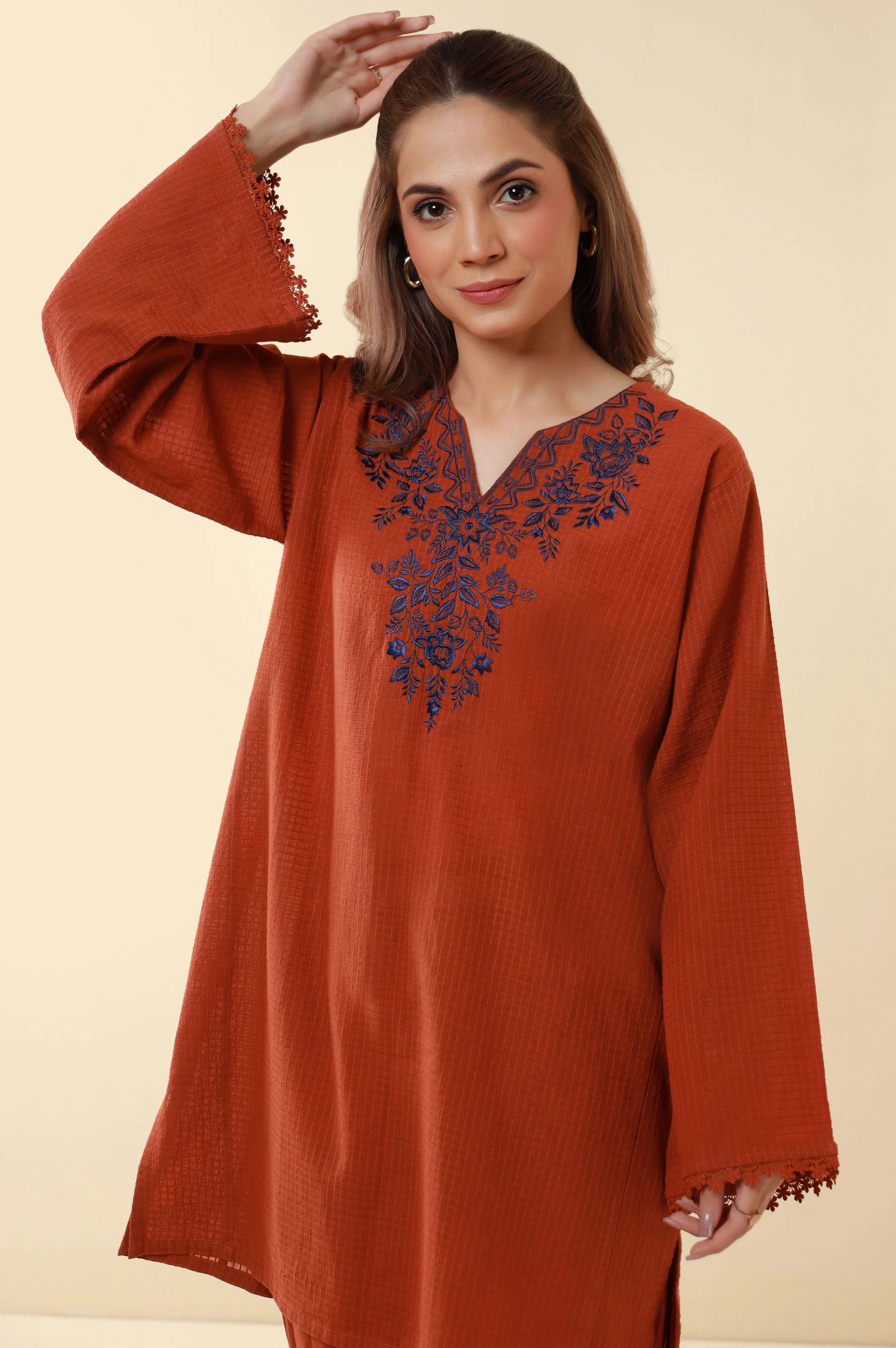 Stitched 2 Piece Embroidered Checkered Cotton - Image 2