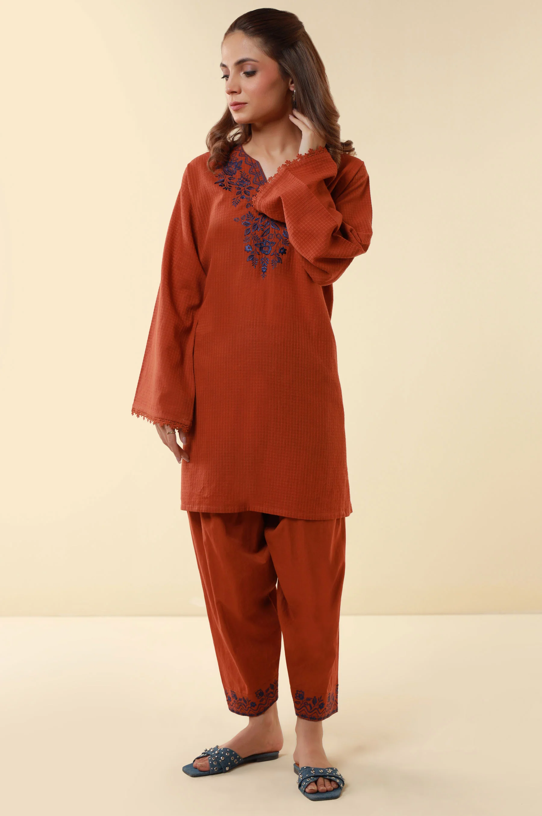 Stitched 2 Piece Embroidered Checkered Cotton - Image 3