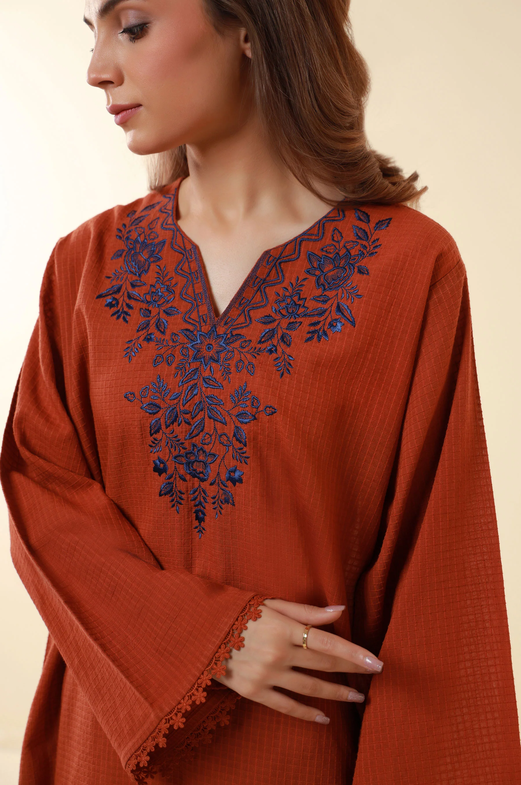 Stitched 2 Piece Embroidered Checkered Cotton - Image 6