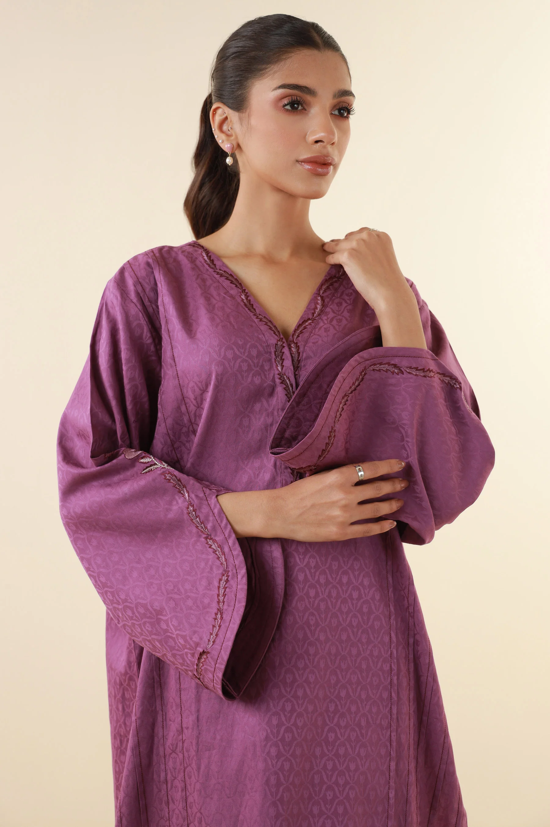 Stitched 2 Piece Embroidered Satin Jacquard Suit - Image 2