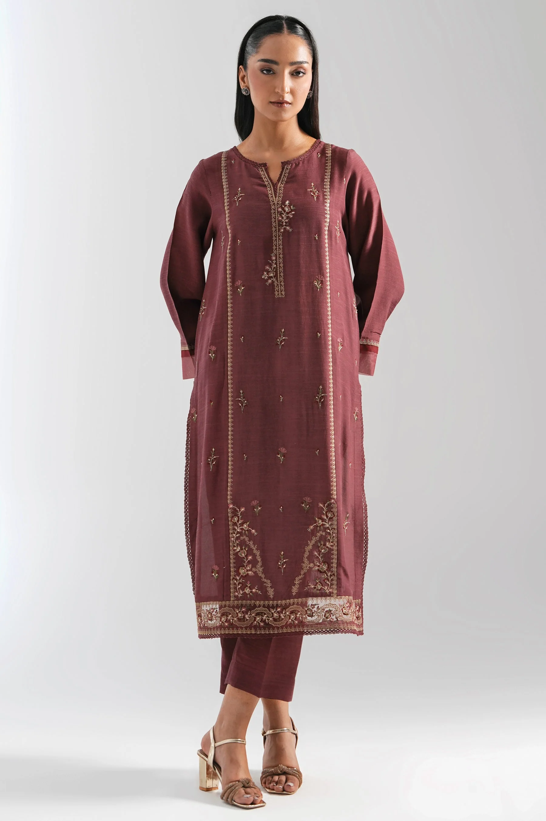 STITCHED EMBROIDERED RAW SILK SUIT (FACTORY E-OUTLET)