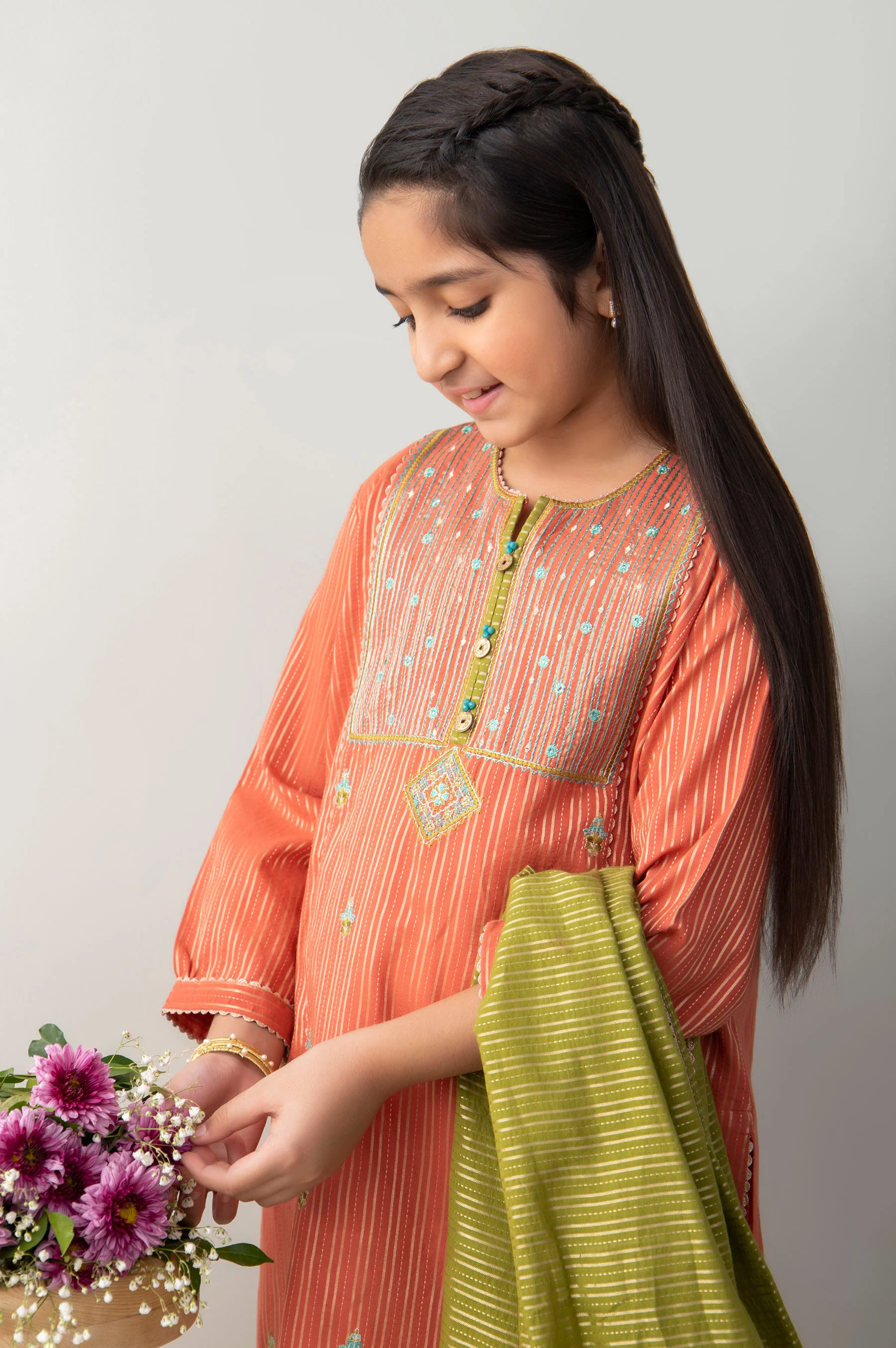 Stitched 2 Piece Embroidered Zari Stripe Junior Suit - Image 2