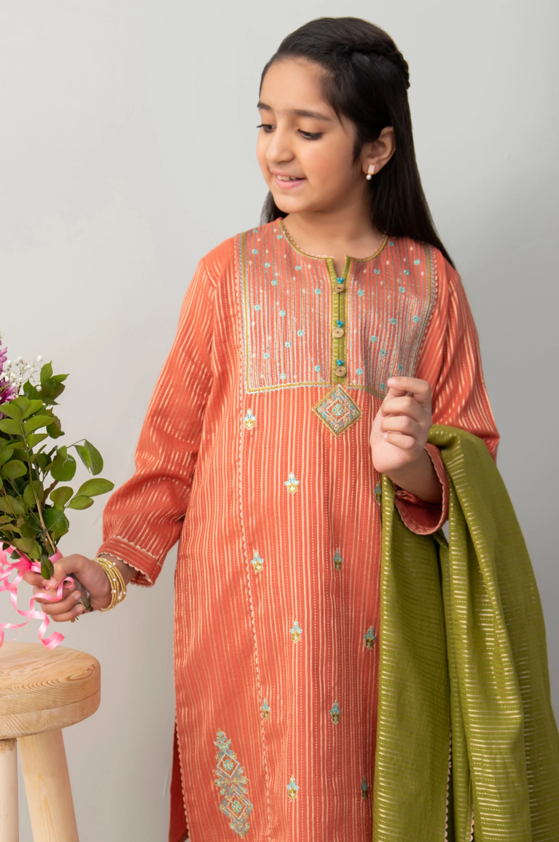 Stitched 2 Piece Embroidered Zari Stripe Junior Suit - Image 4