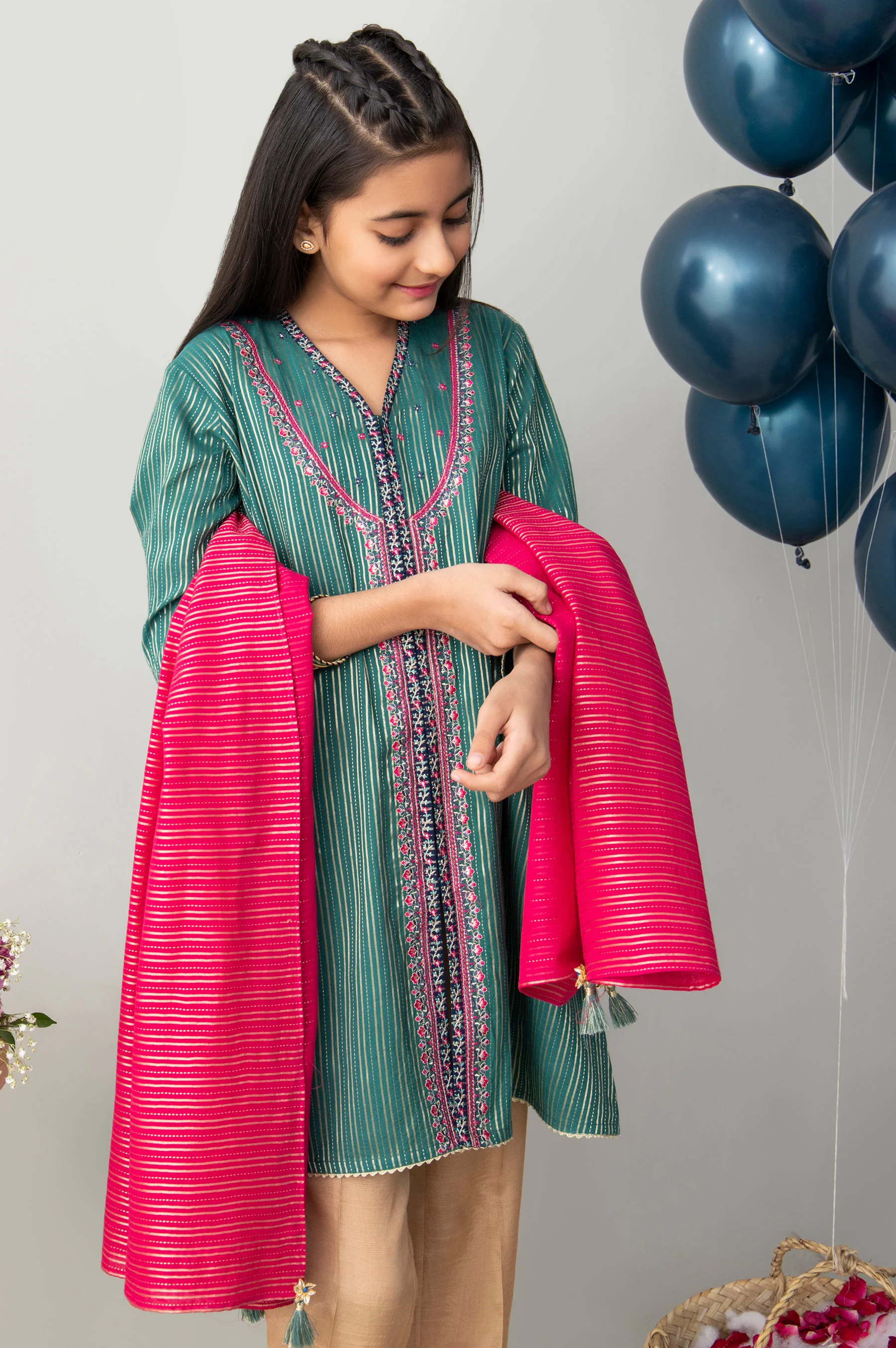 Stitched 2 Piece Embroidered Zari Stripe Junior Suit - Image 3