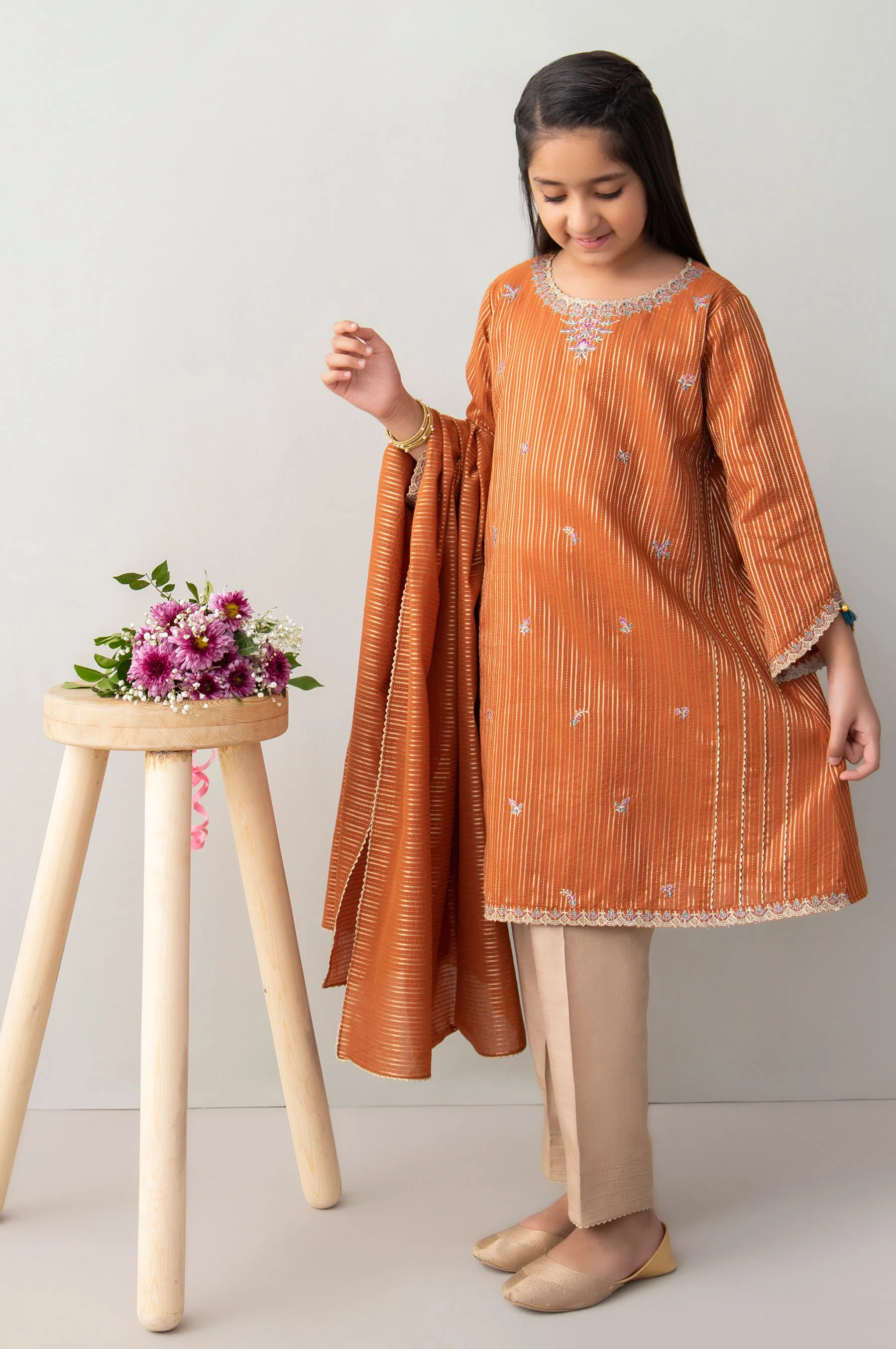 Stitched 2 Piece Embroidered Zari Stripe Junior Suit - Image 4