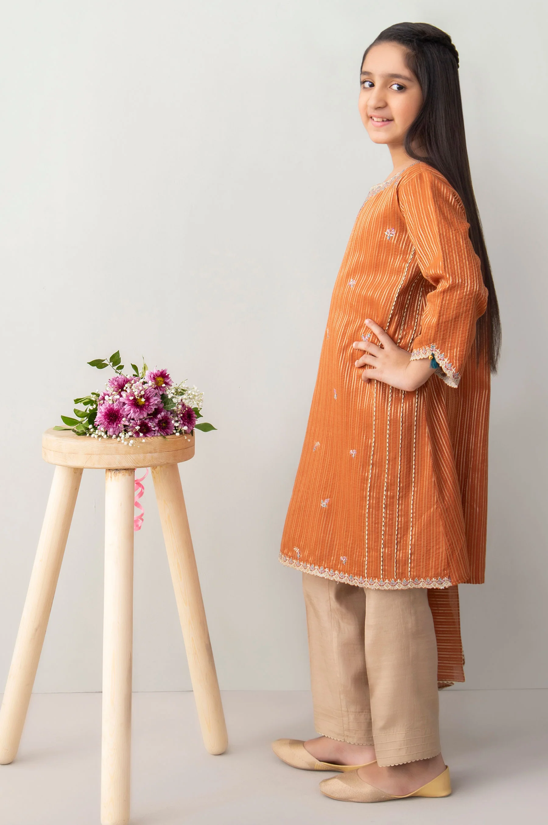 Stitched 2 Piece Embroidered Zari Stripe Junior Suit - Image 5