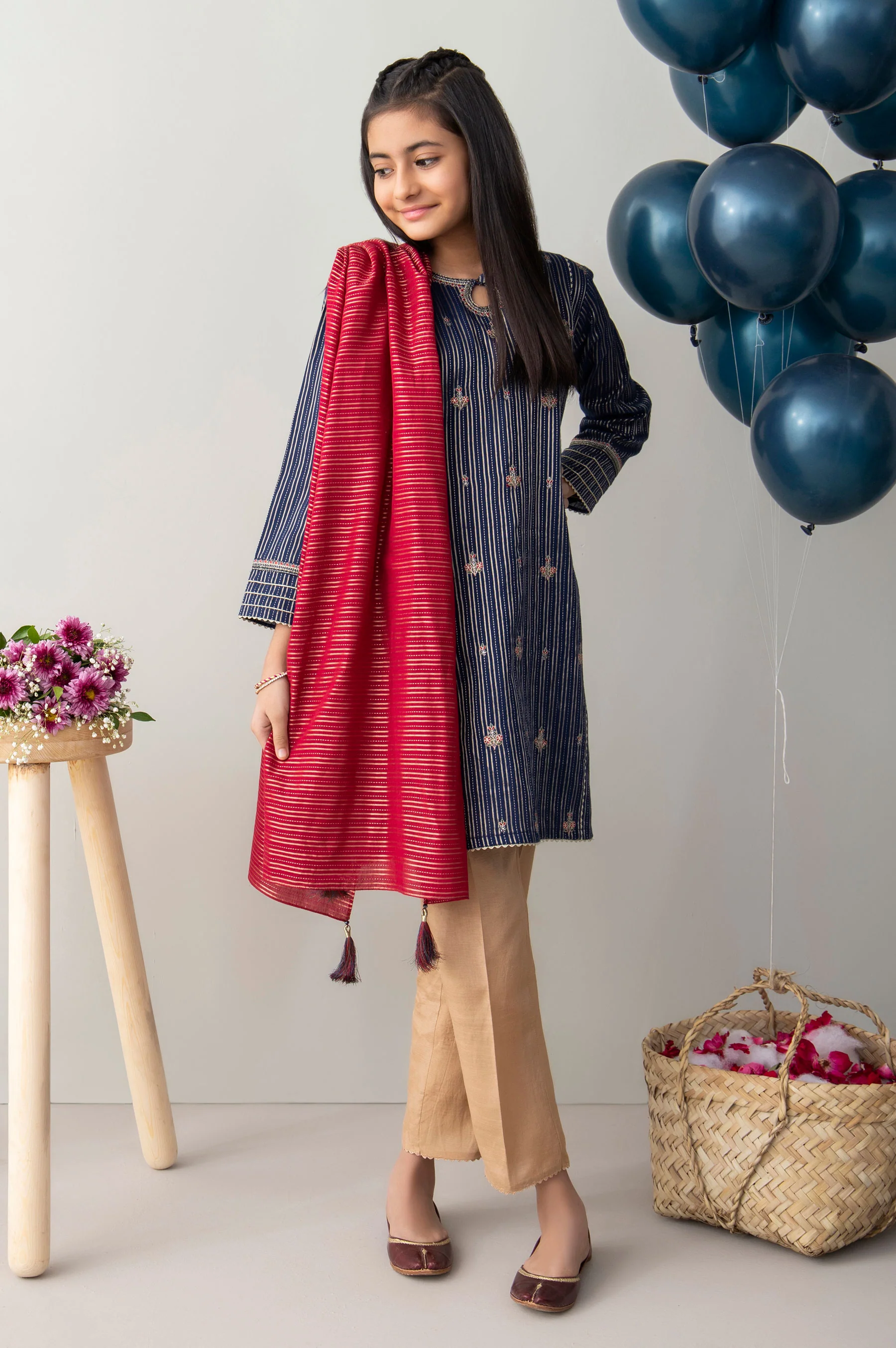 Stitched 2 Piece Embroidered Zari Stripe Junior Suit - Image 2