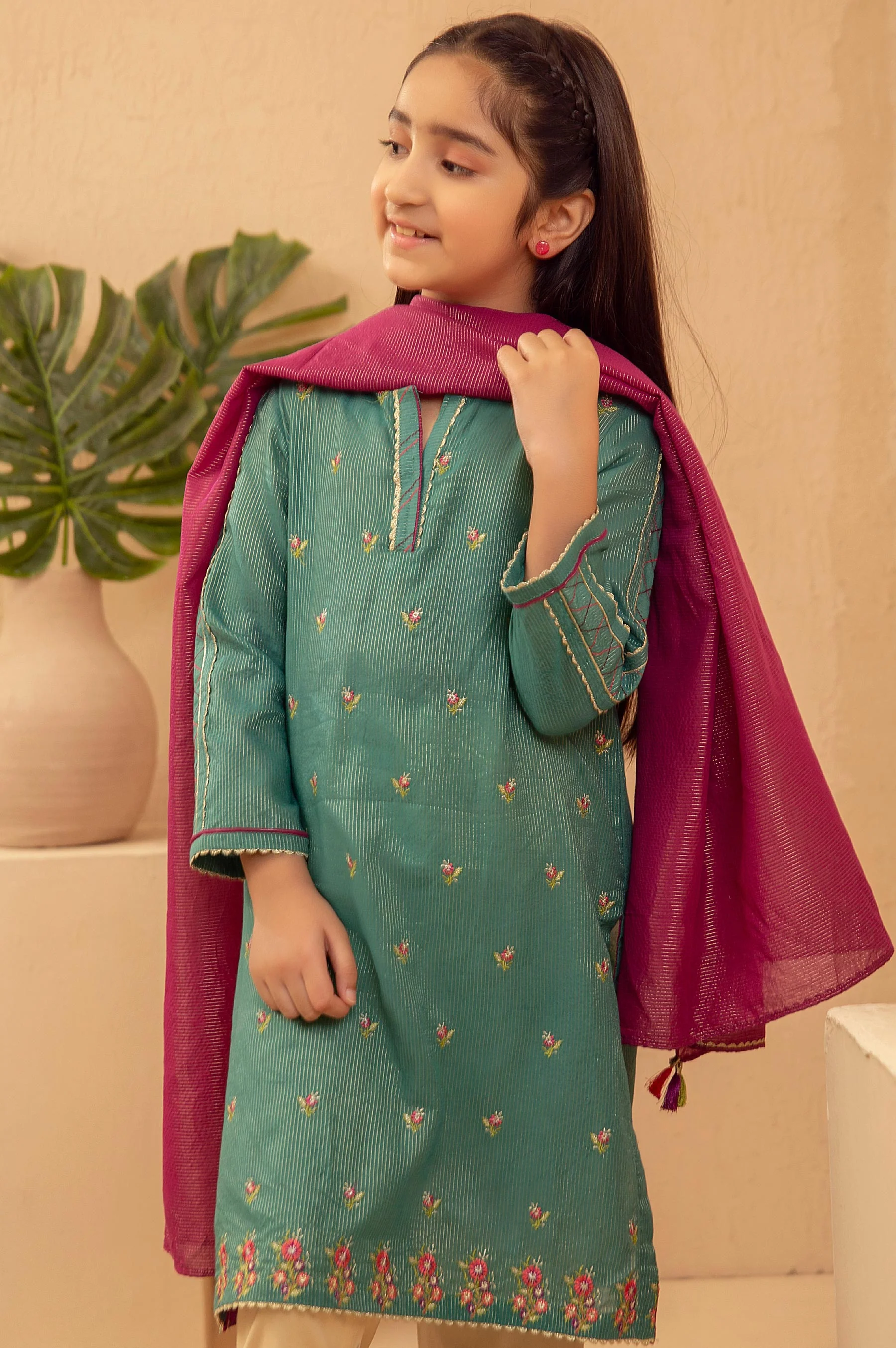 Stitched 2 Piece Embroidered Suit- Zari Stripe - Image 4