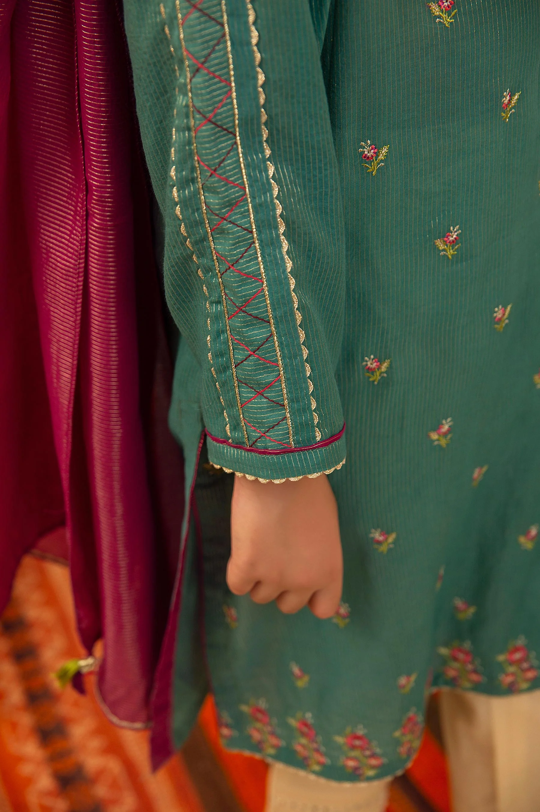 Stitched 2 Piece Embroidered Suit- Zari Stripe - Image 5