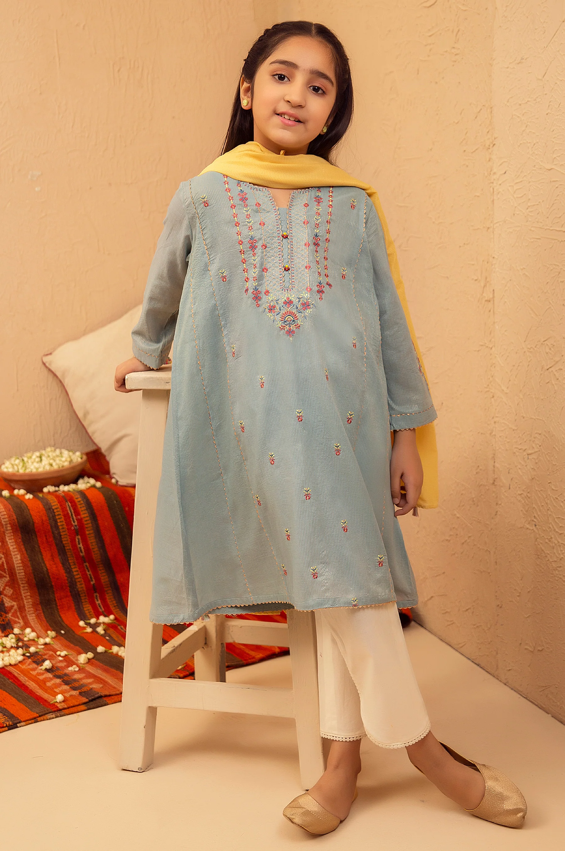 Stitched 2 Piece Embroidered Suit- Zari Stripe - Image 5