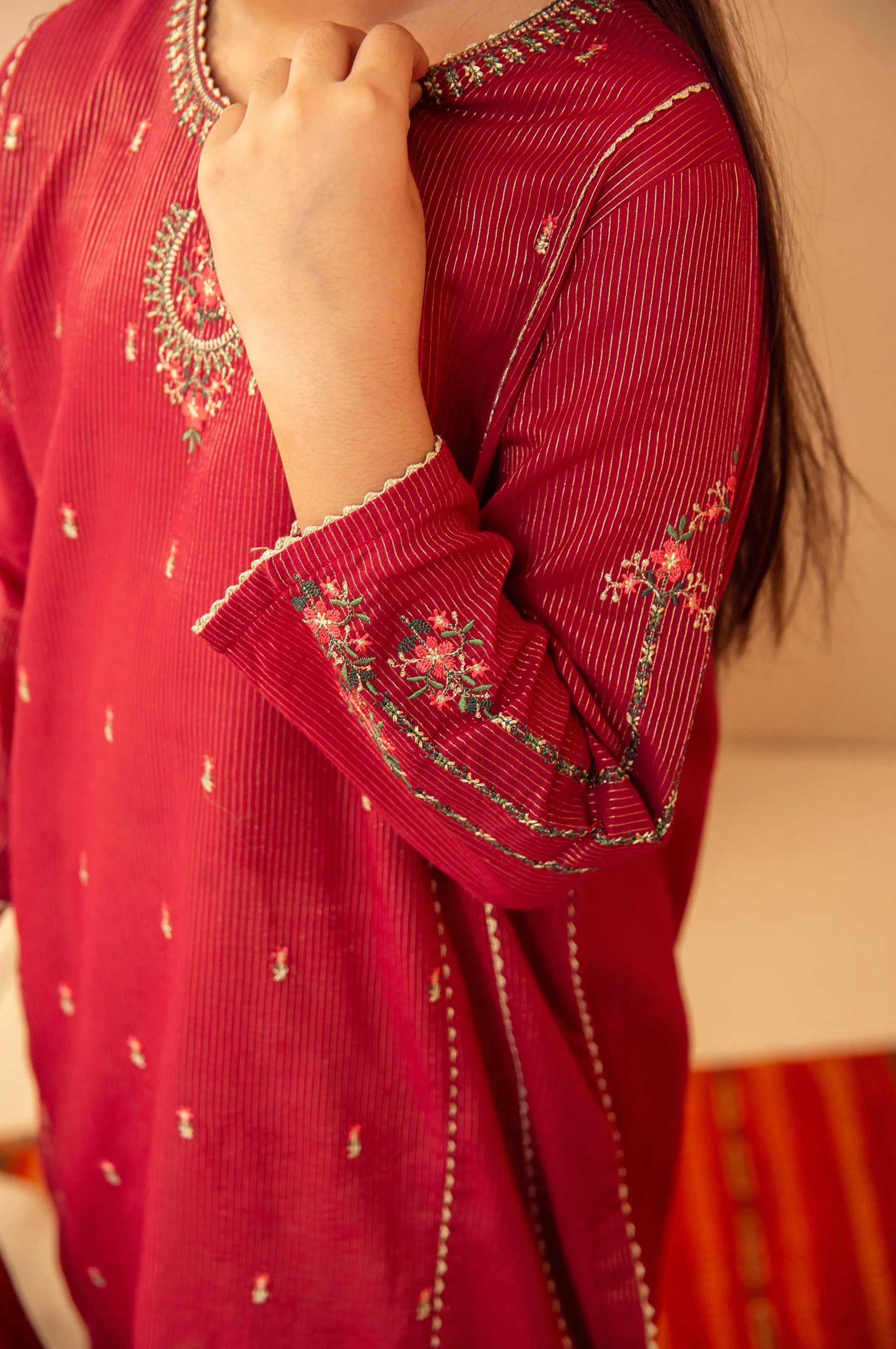 Stitched 2 Piece Embroidered Suit- Zari Stripe - Image 6