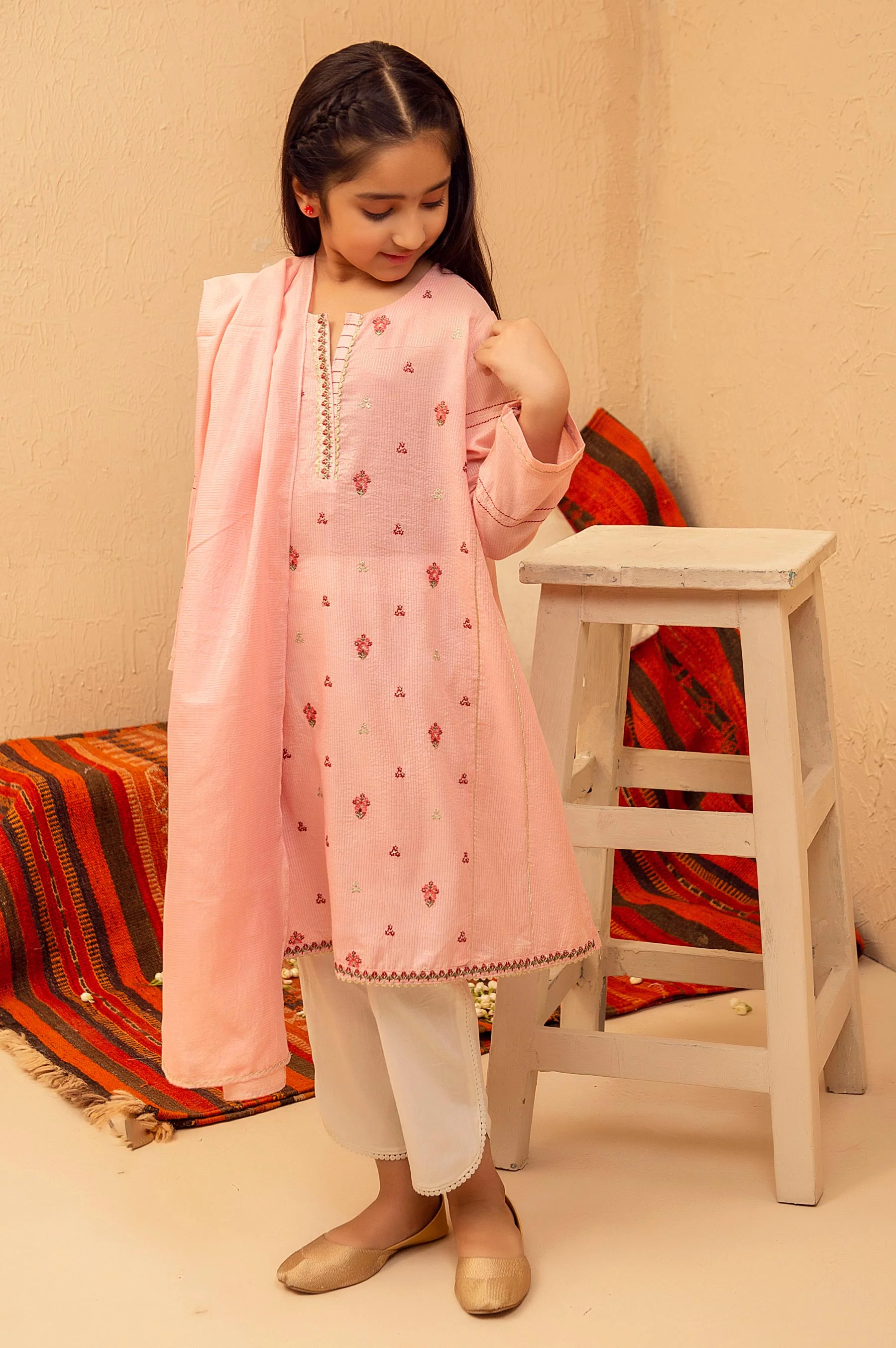 Stitched 2 Piece Embroidered Suit- Zari Stripe - Image 4