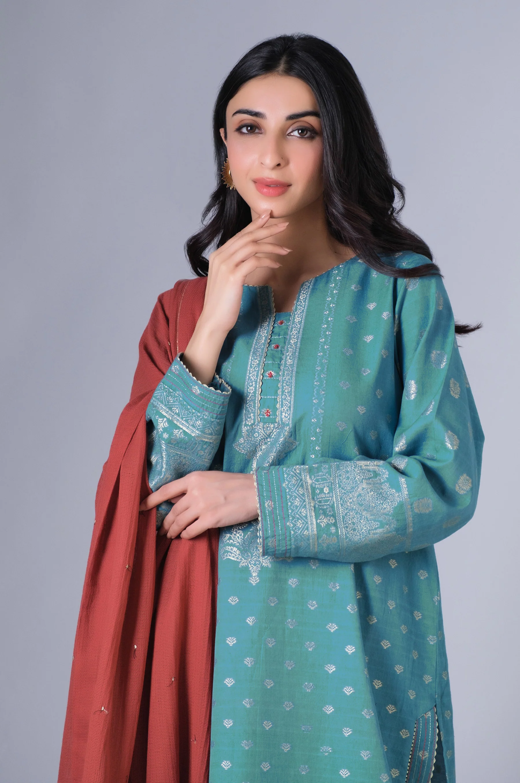 Stitched 3 Piece Dyed Jacquard Suit - Image 2