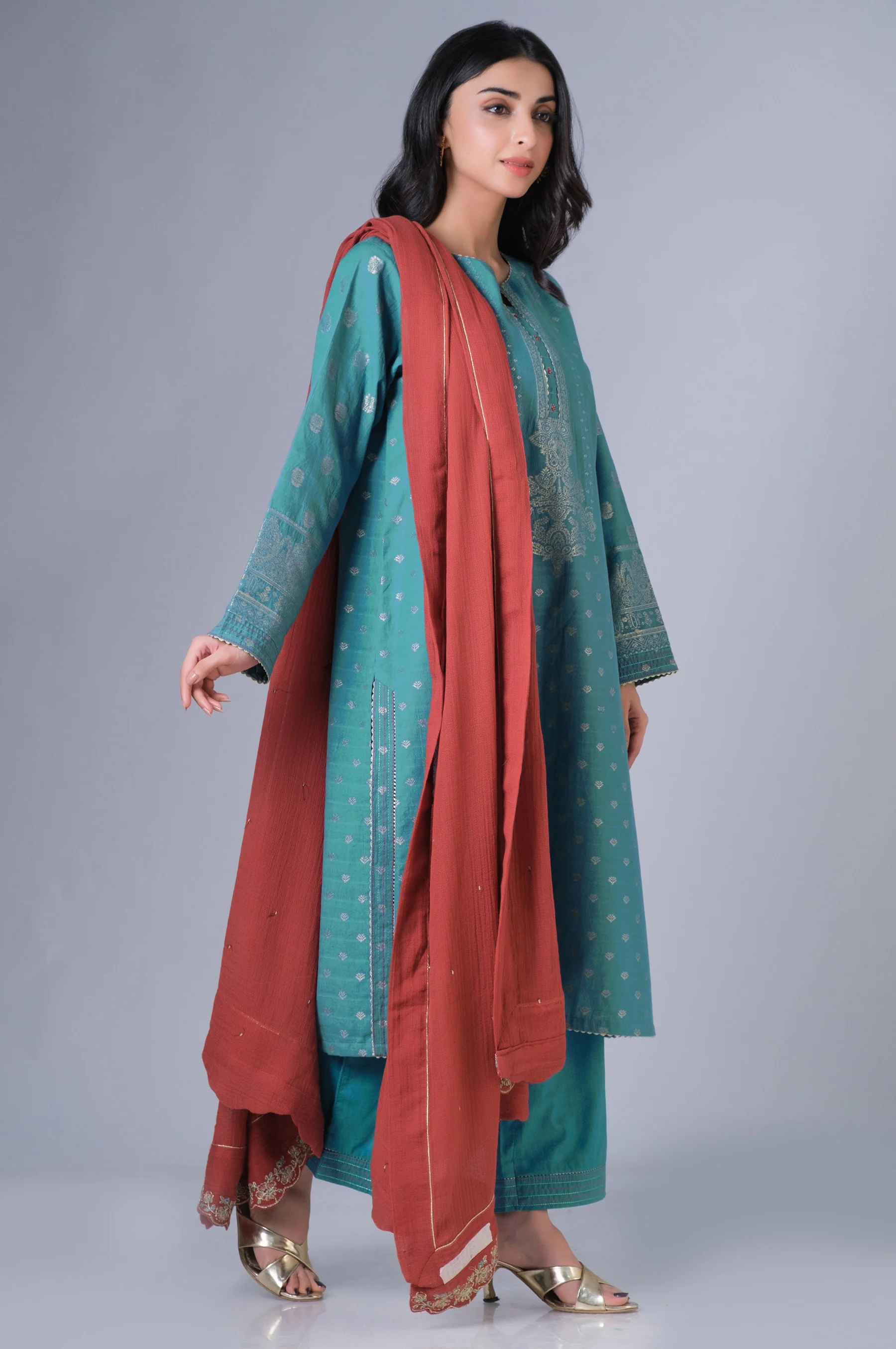 Stitched 3 Piece Dyed Jacquard Suit - Image 4