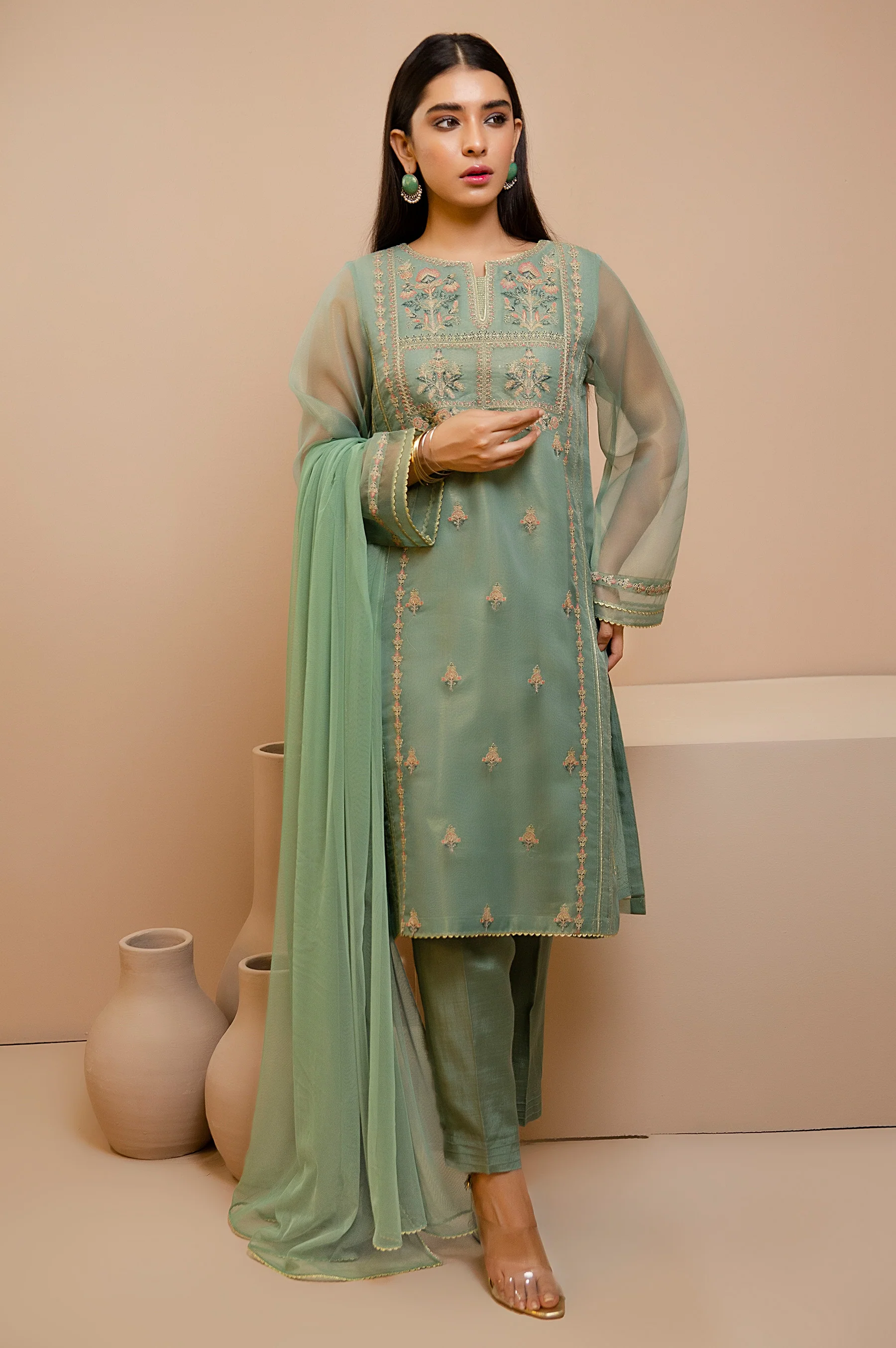 Stitched 3 Piece Check Organza Embroidered Suit - Image 2
