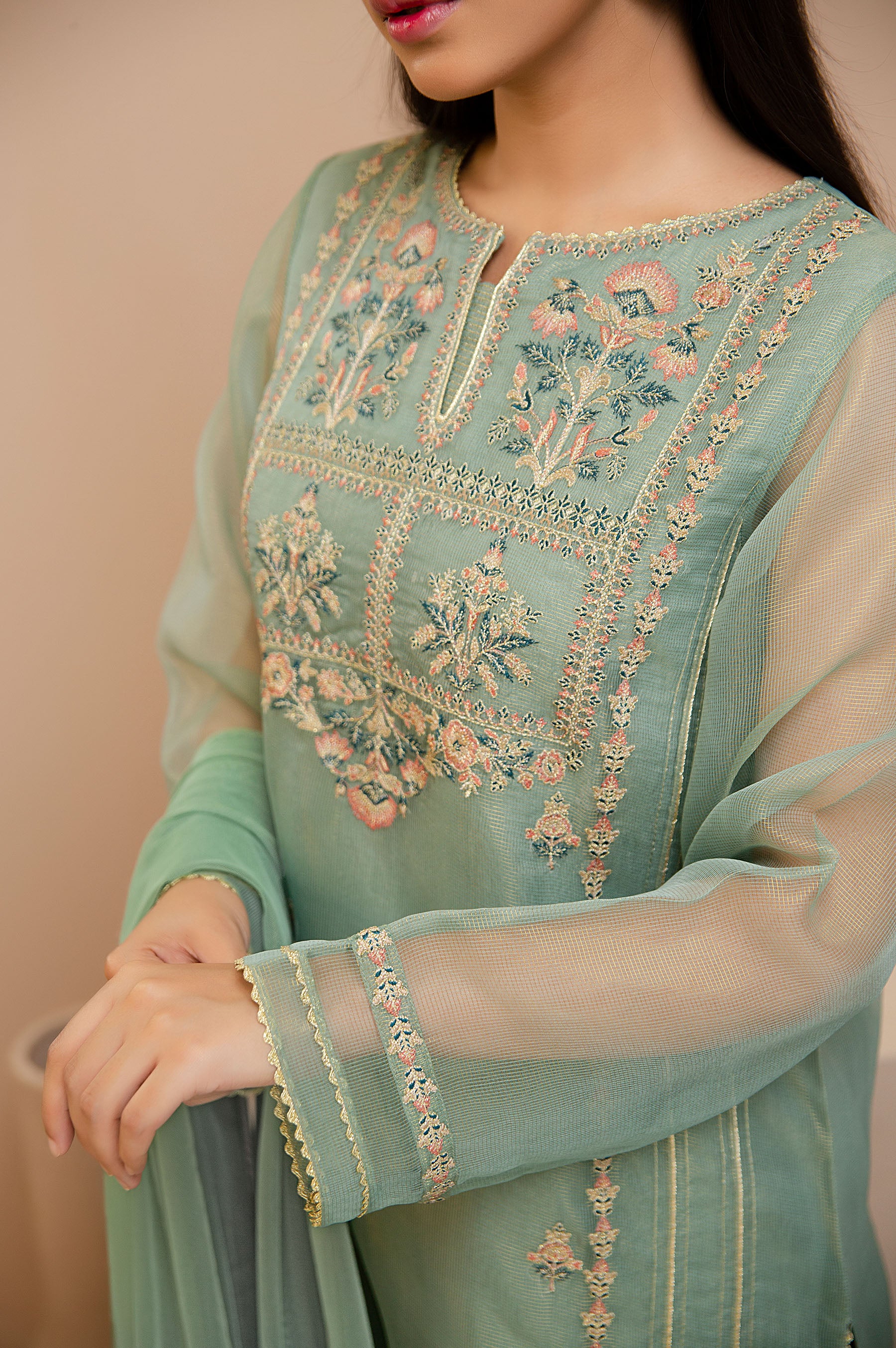 Stitched 3 Piece Check Organza Embroidered Suit - Image 4