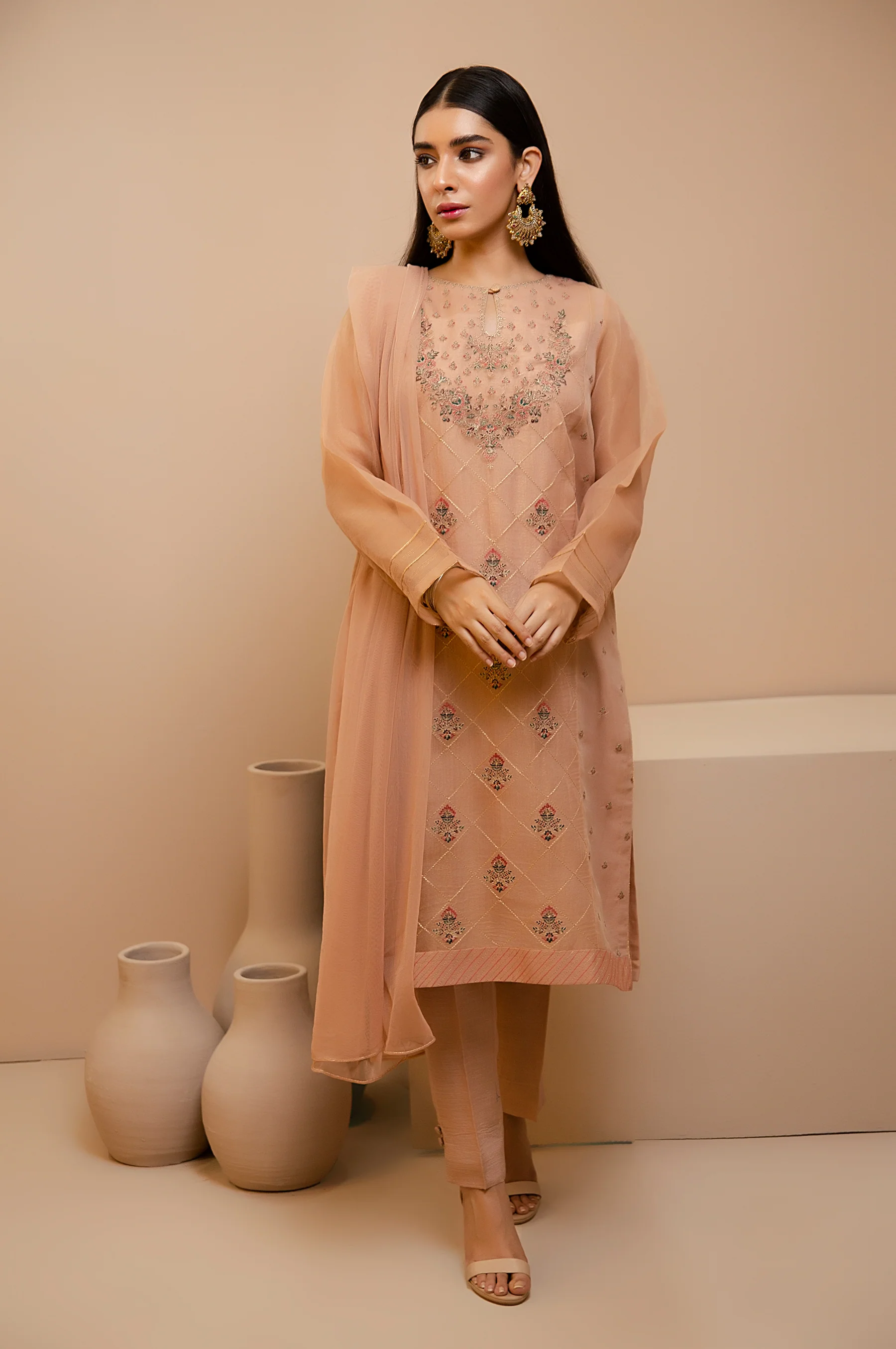 Stitched 3 Piece Check Organza Embroidered Shirt with Poly Net Dupatta - Image 2