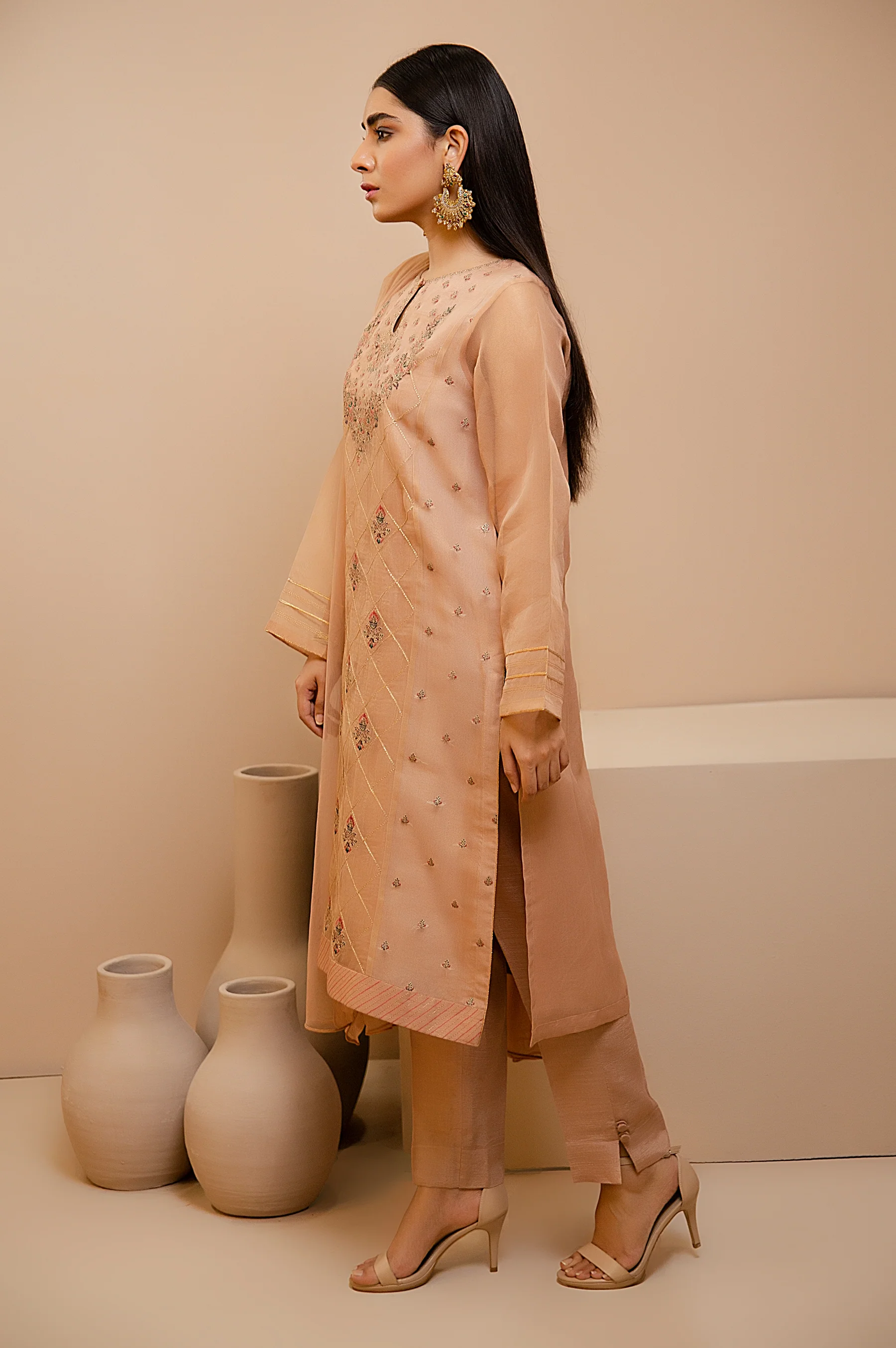 Stitched 3 Piece Check Organza Embroidered Shirt with Poly Net Dupatta - Image 3