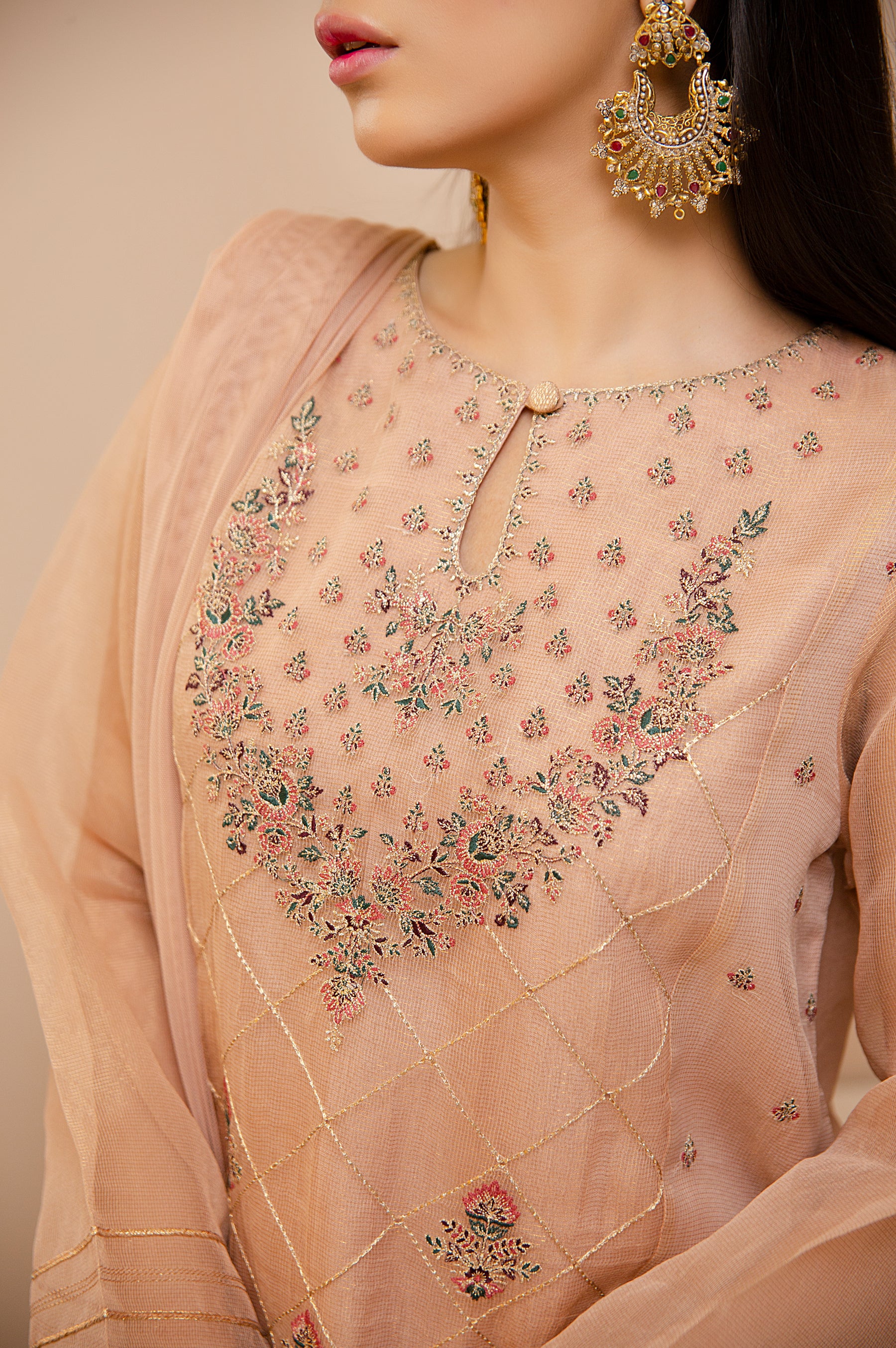 Stitched 3 Piece Check Organza Embroidered Shirt with Poly Net Dupatta - Image 4