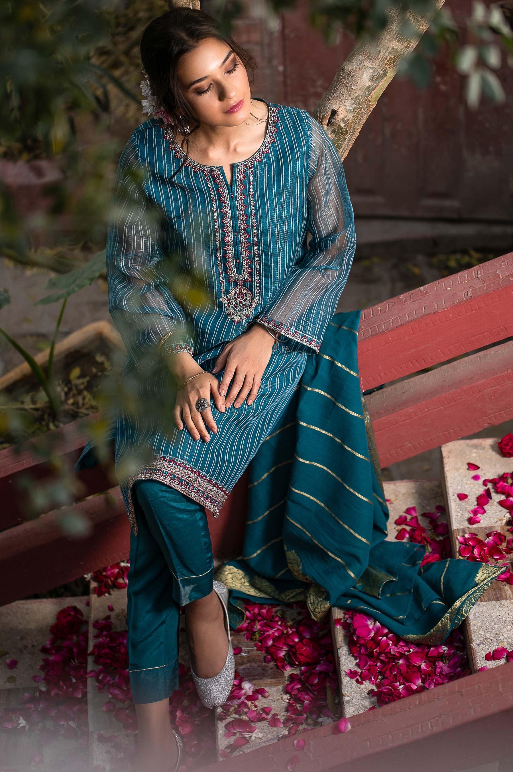 Stitched 3 Piece Checkered Organza Embroidered Suit - Image 3