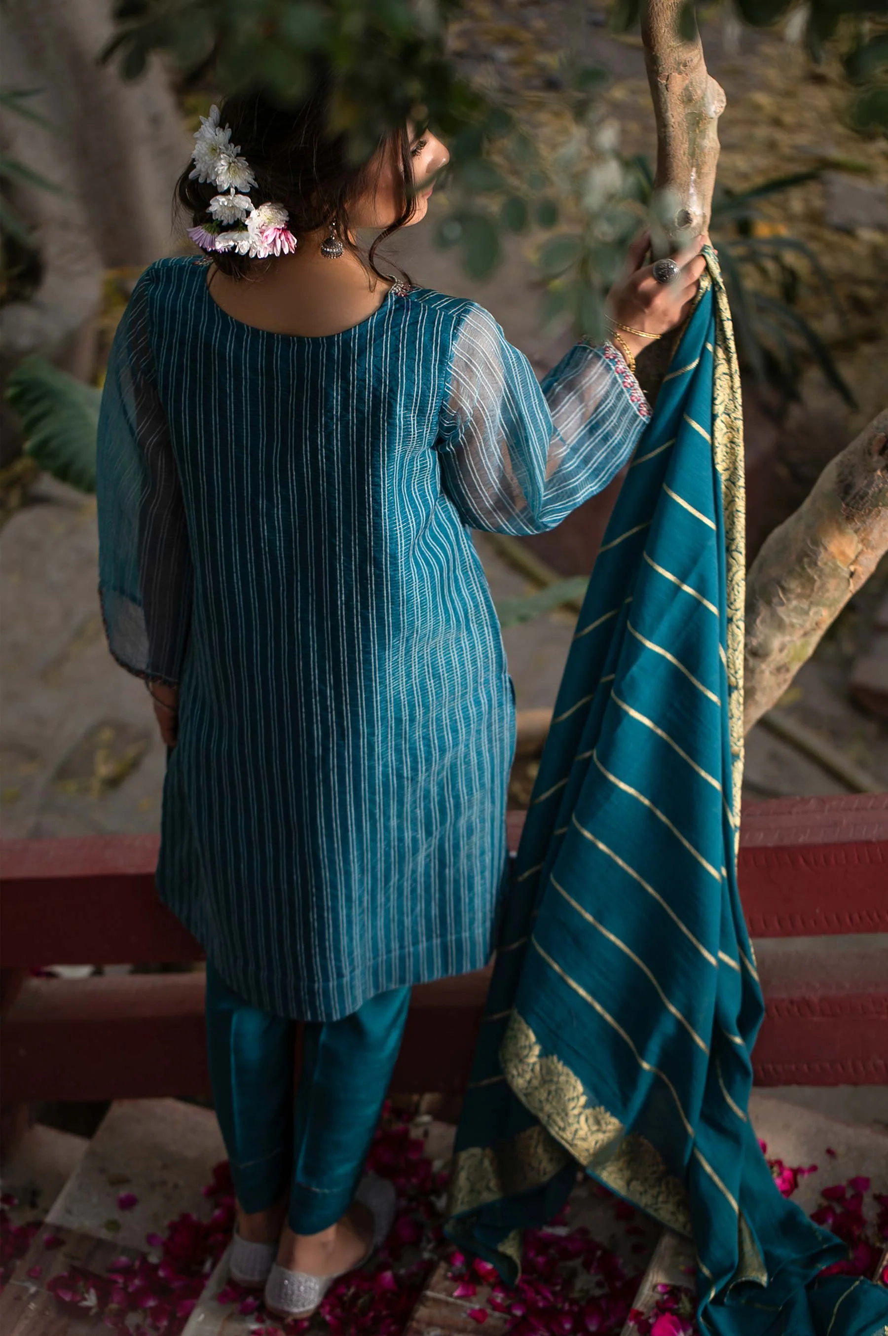 Stitched 3 Piece Checkered Organza Embroidered Suit - Image 4