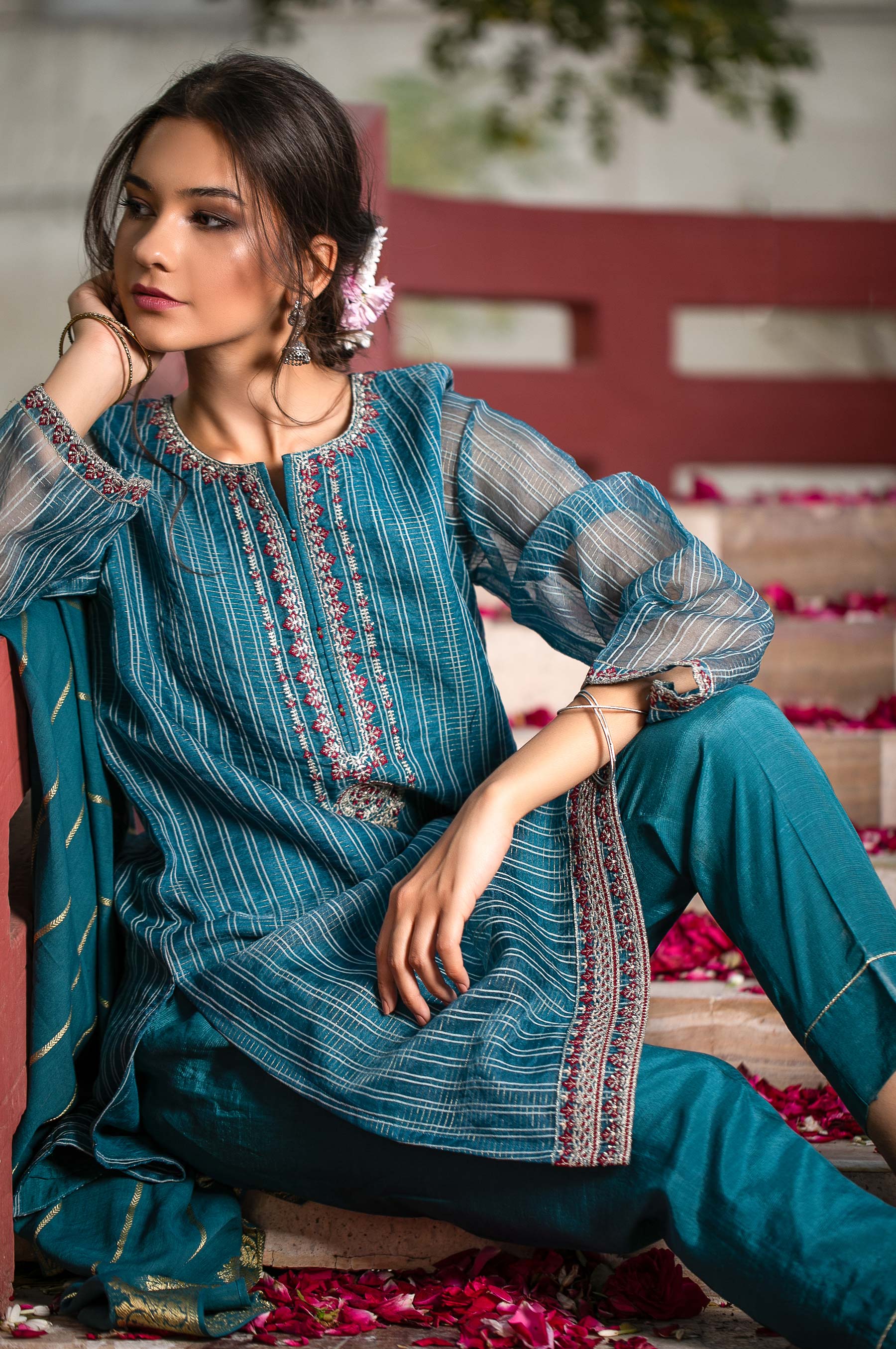Stitched 3 Piece Checkered Organza Embroidered Suit - Image 5