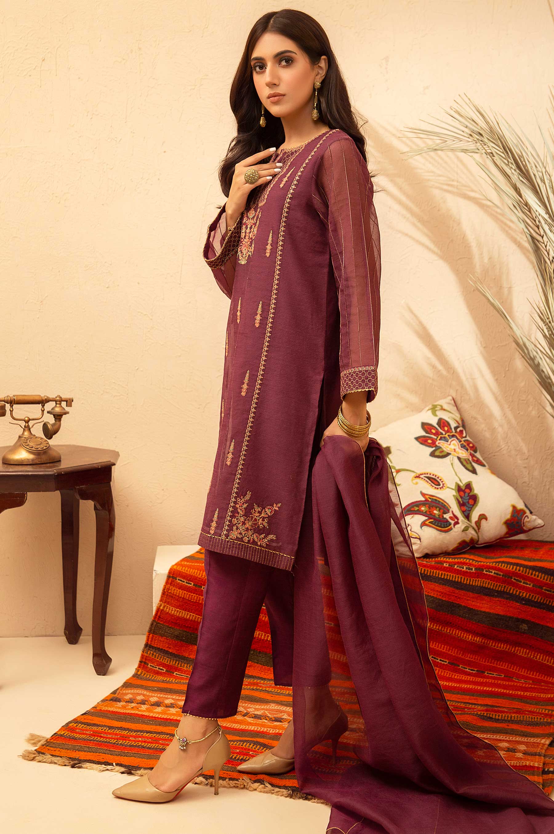 Stitched 3 Piece Checkered Organza Embroidered Suit - Image 3