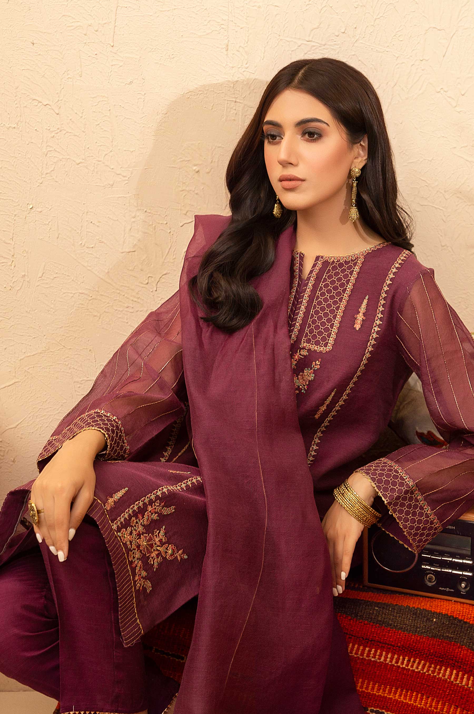 Stitched 3 Piece Checkered Organza Embroidered Suit - Image 4