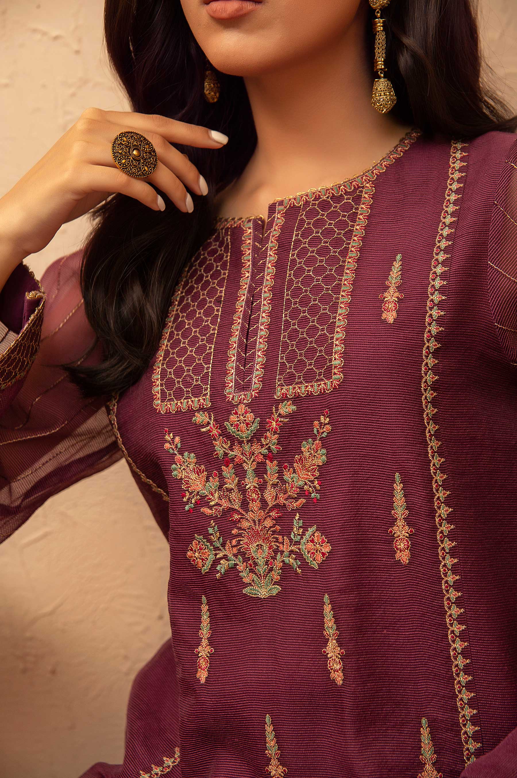 Stitched 3 Piece Checkered Organza Embroidered Suit - Image 5