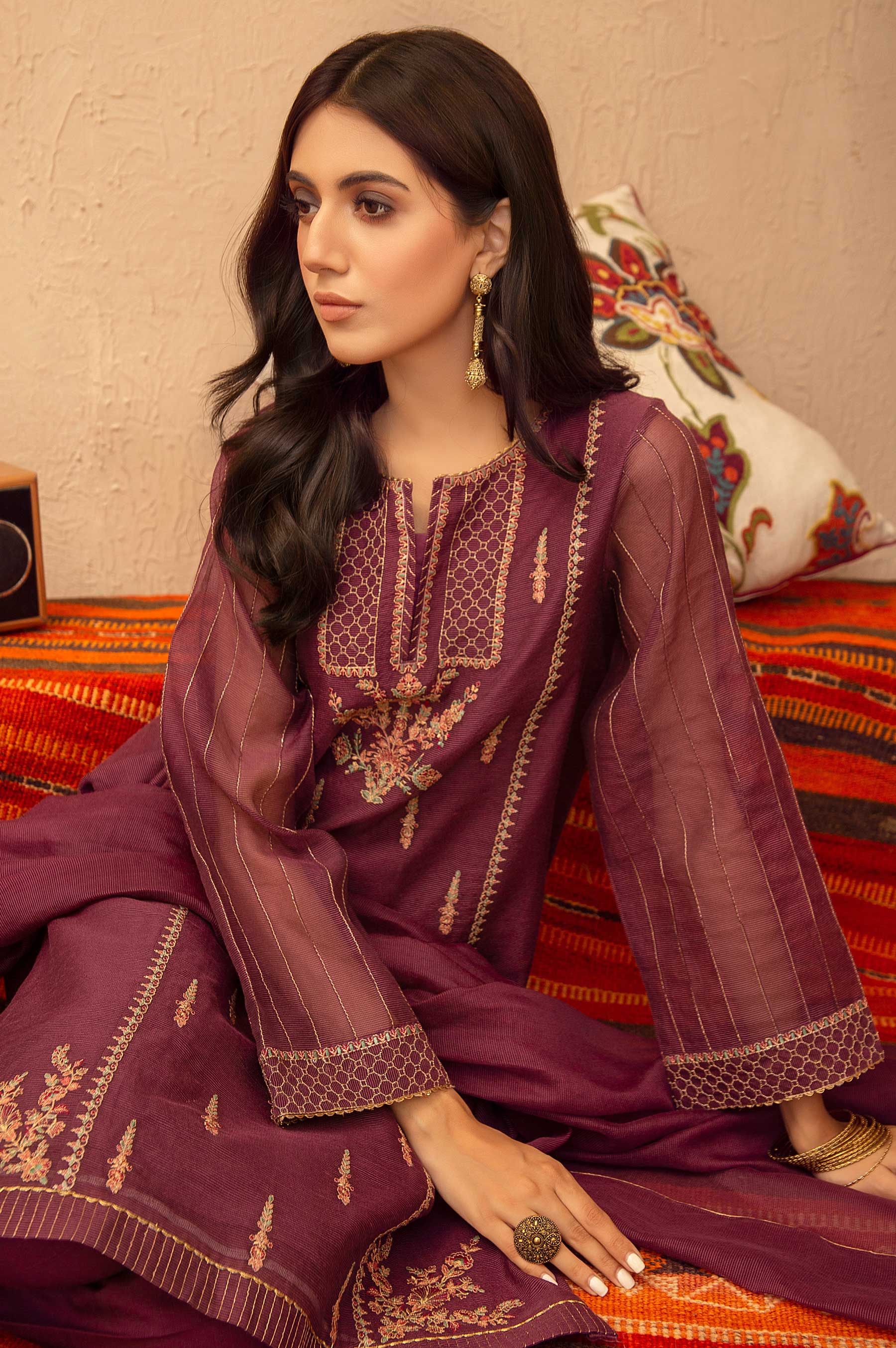 Stitched 3 Piece Checkered Organza Embroidered Suit - Image 6