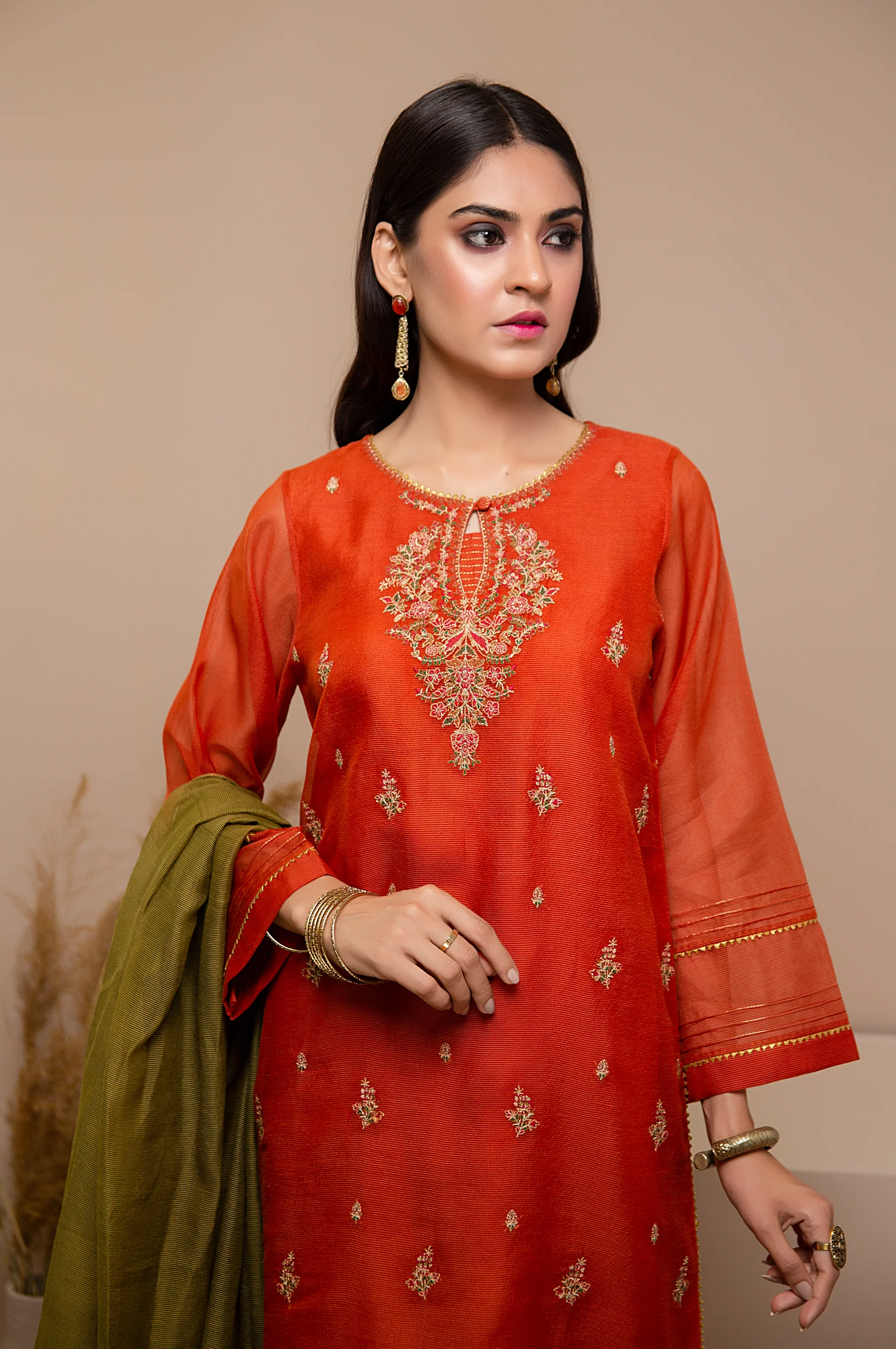 Stitched 3 Piece Checkered Organza Embroidered Suit - Image 4