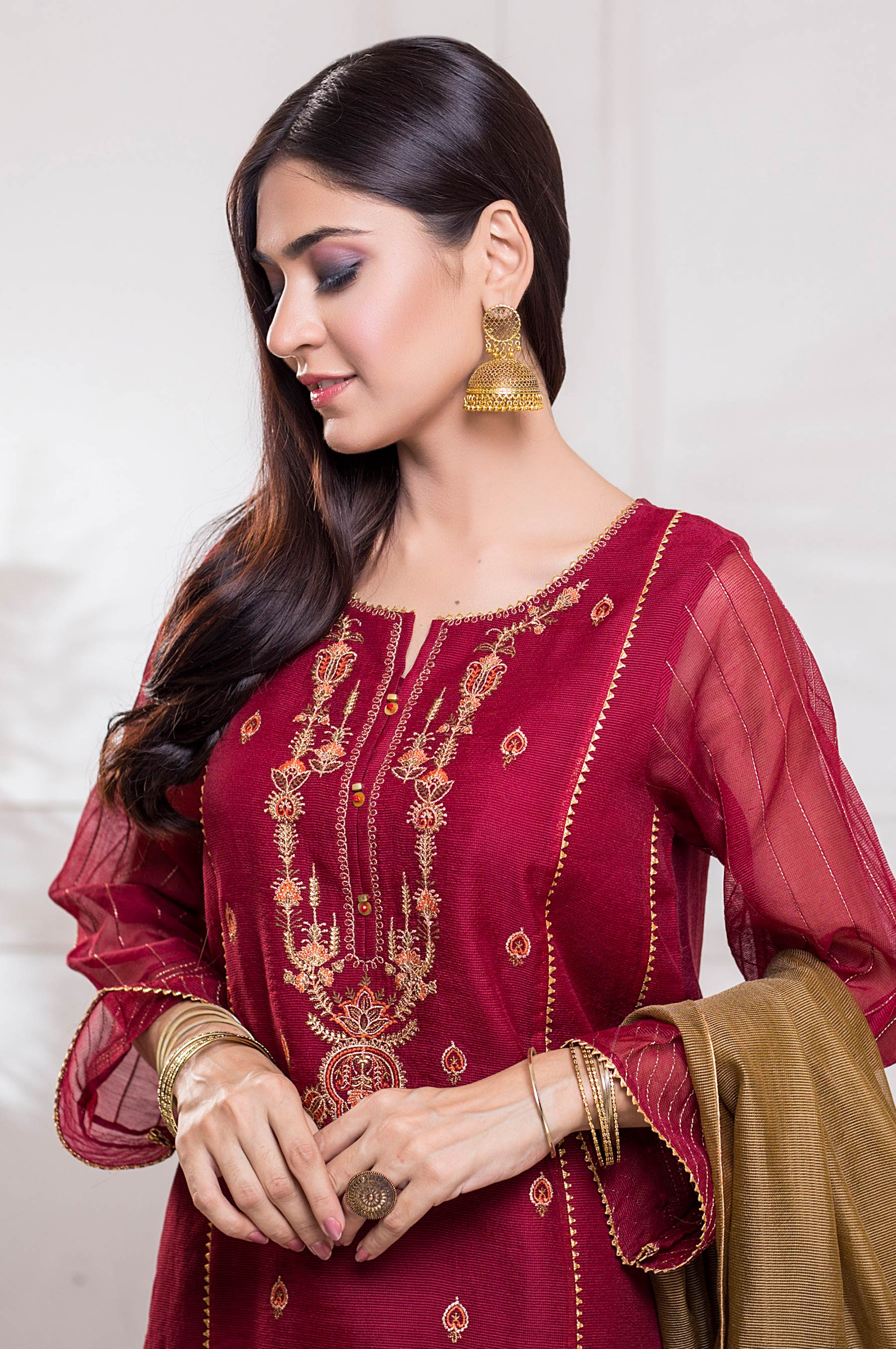 Stitched 3 Piece Checkered Organza Embroidered Suit - Image 3