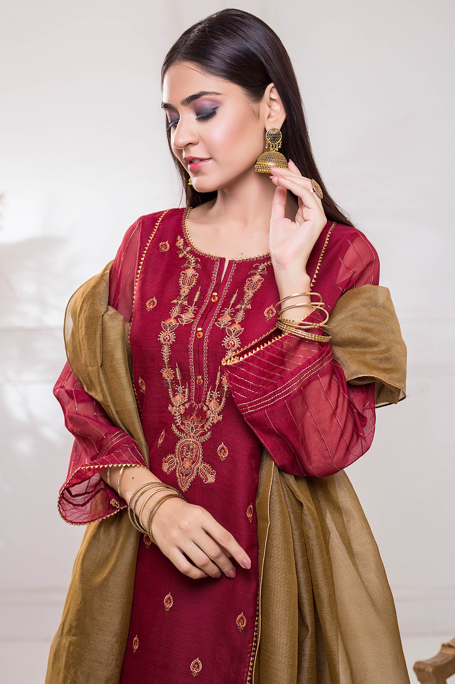 Stitched 3 Piece Checkered Organza Embroidered Suit - Image 4