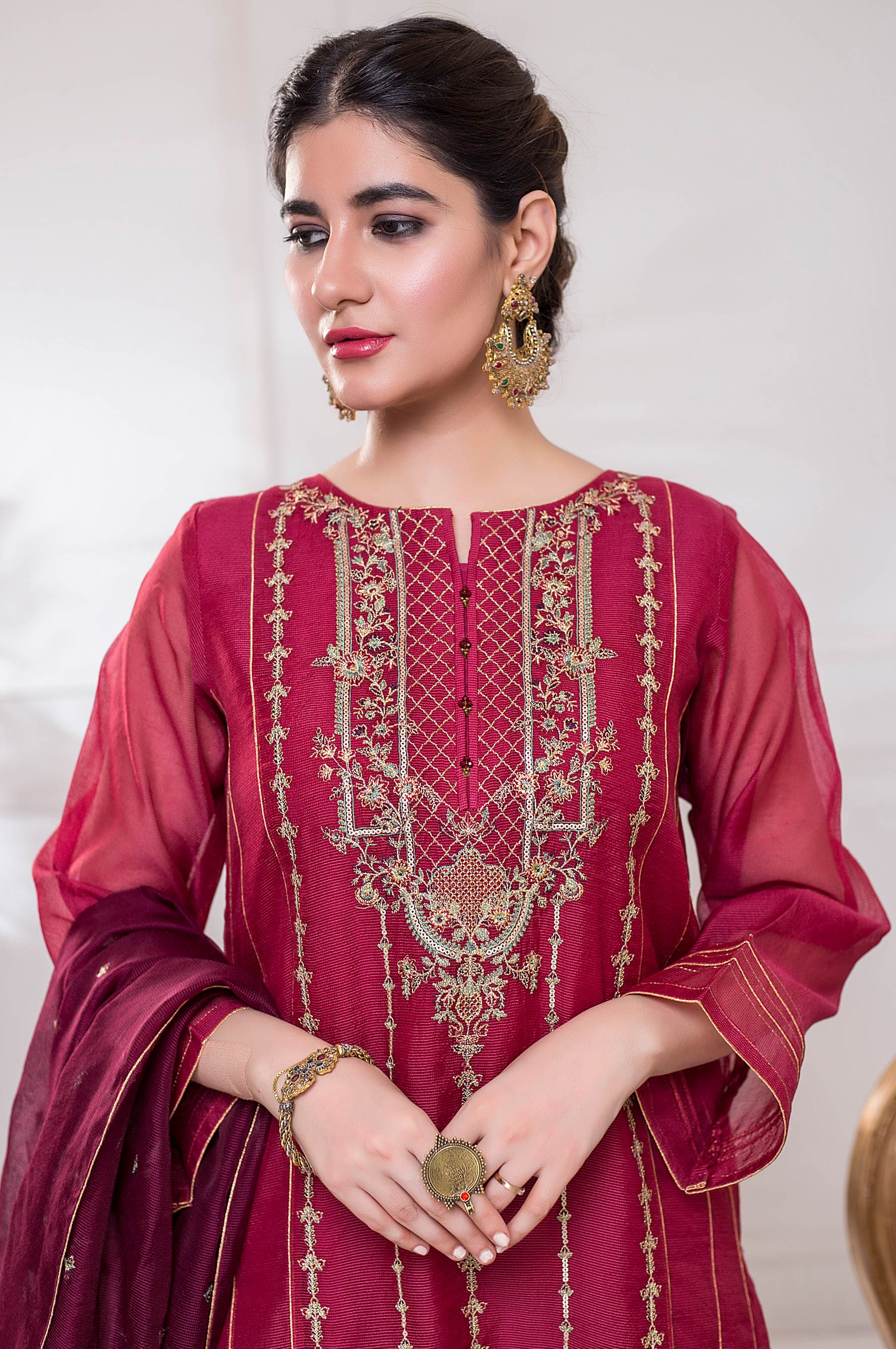 Stitched 3 Piece Checkered Organza Embroidered Suit - Image 2