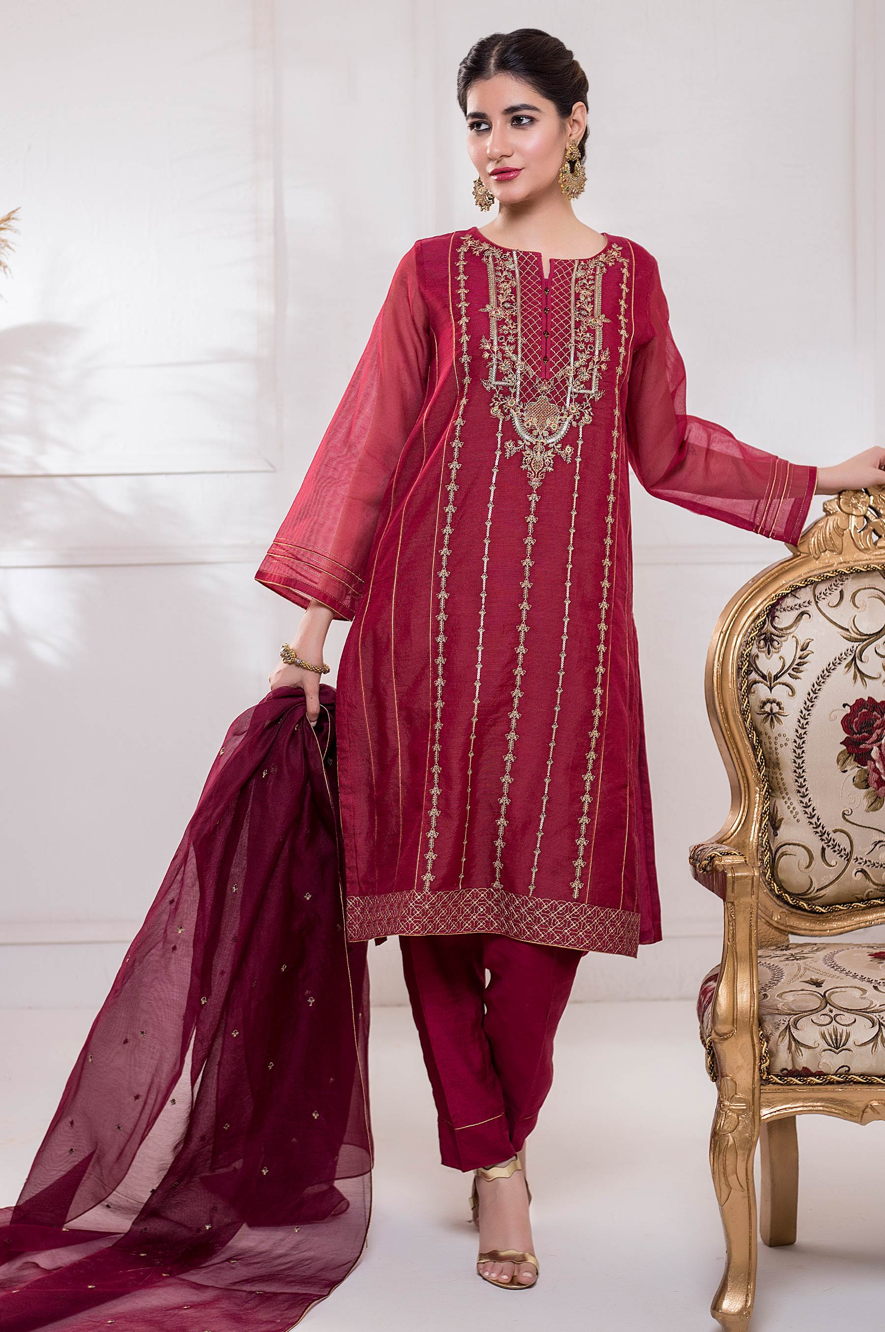 Stitched 3 Piece Checkered Organza Embroidered Suit - Image 3