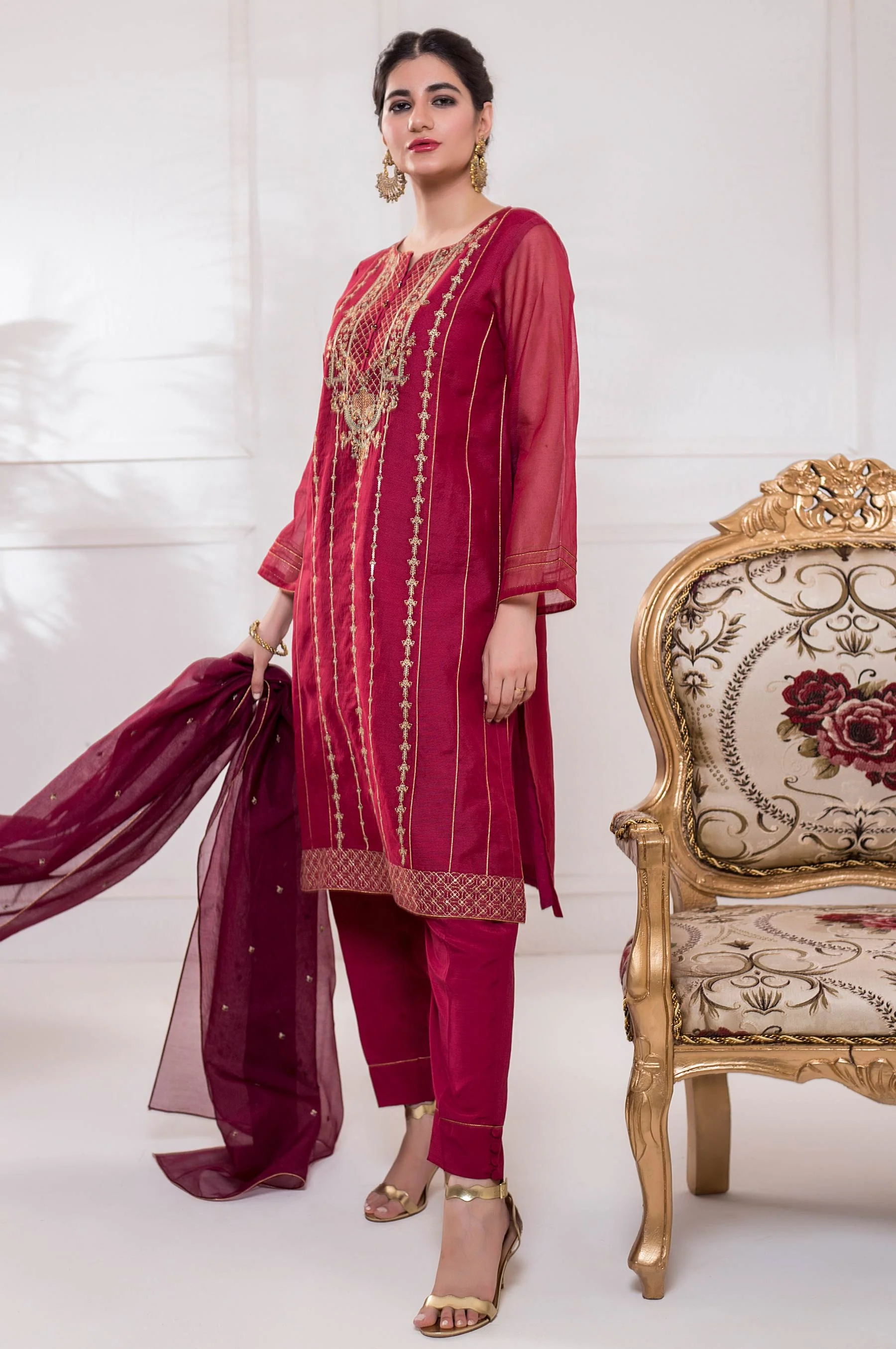 Stitched 3 Piece Checkered Organza Embroidered Suit - Image 5