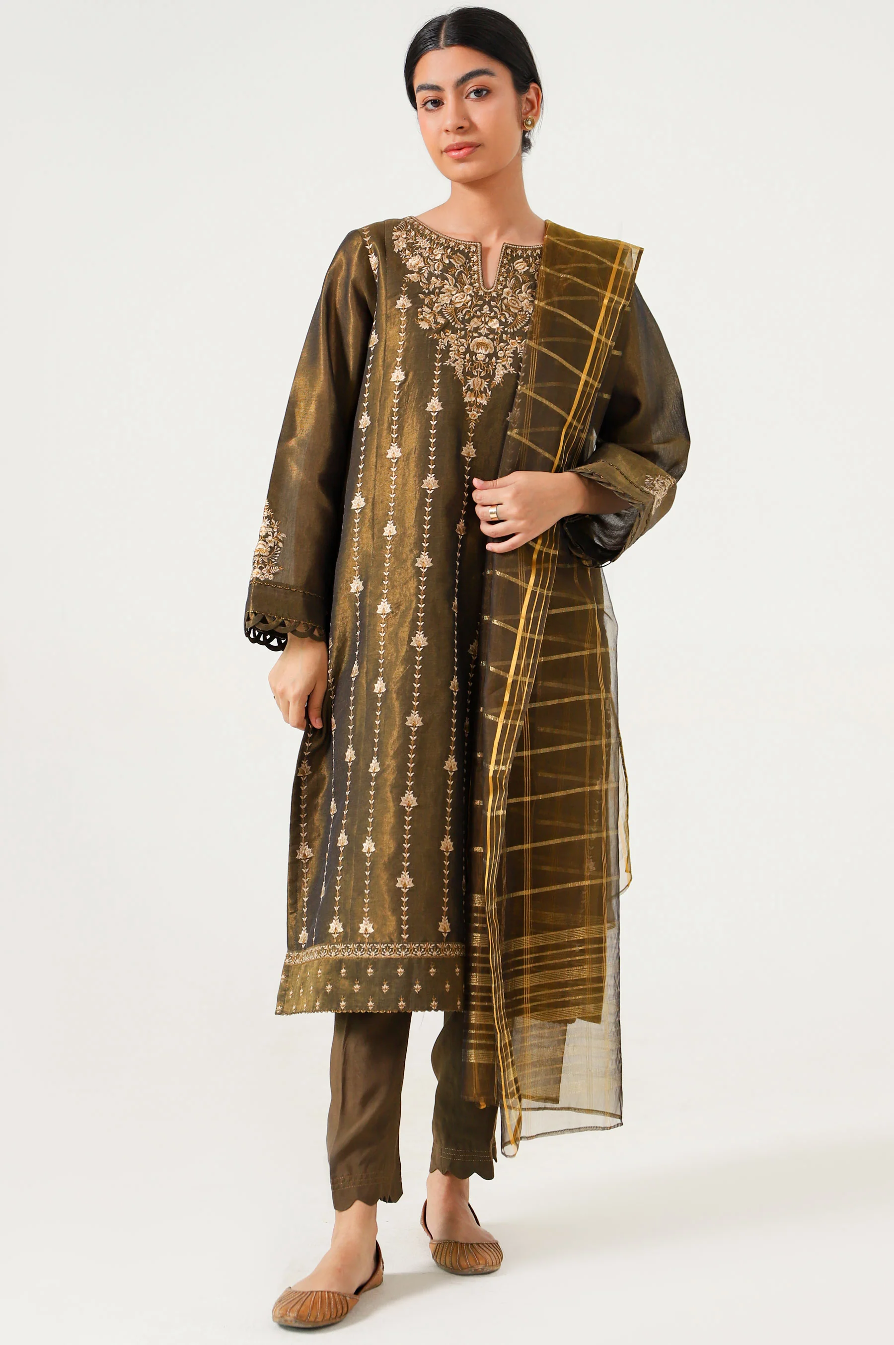 Stitched 3 Piece Cotton Mysuri Embroidered Suit - Image 5