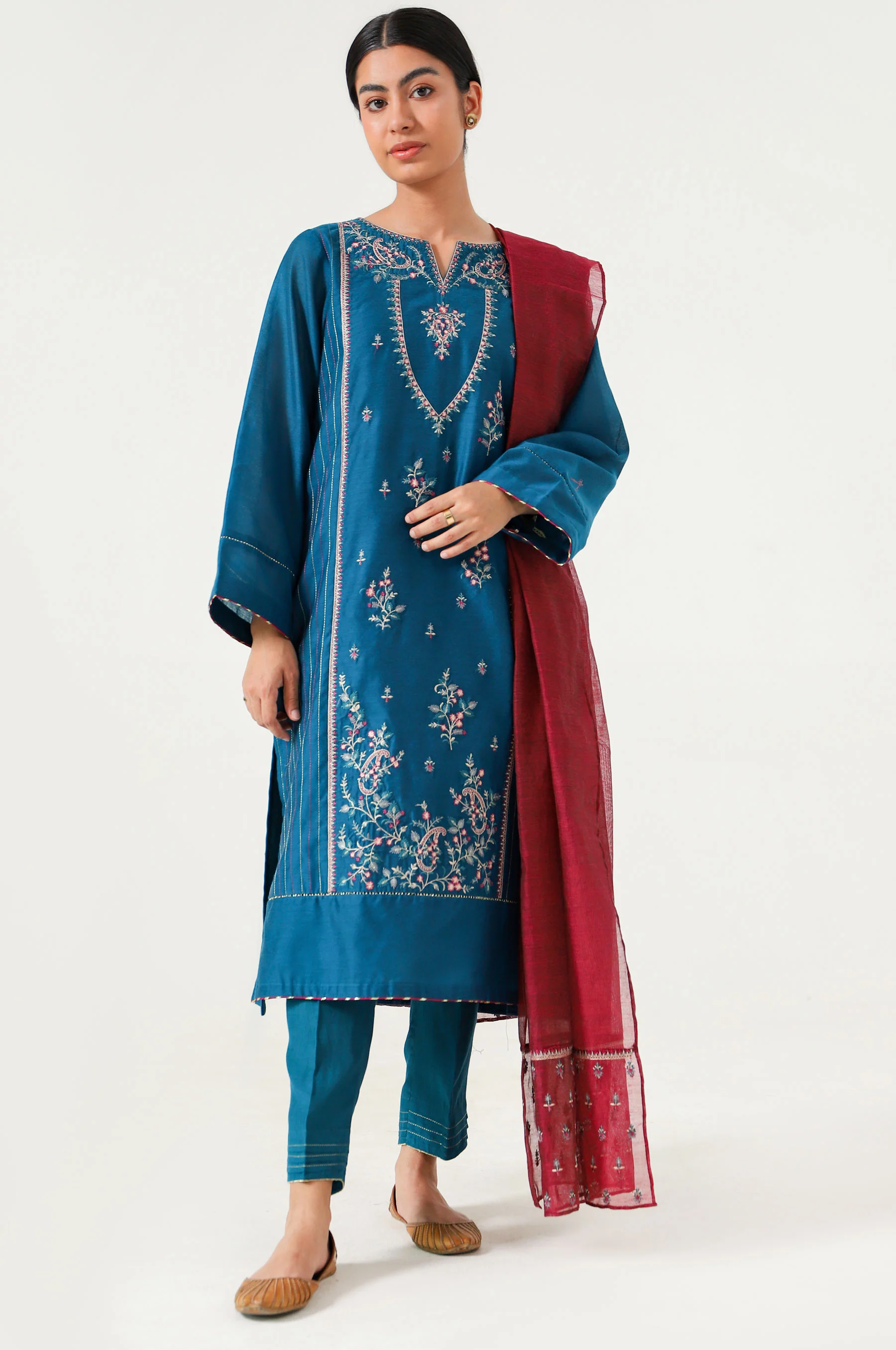 Stitched 3 Piece Cotton Net Embroidered Suit.