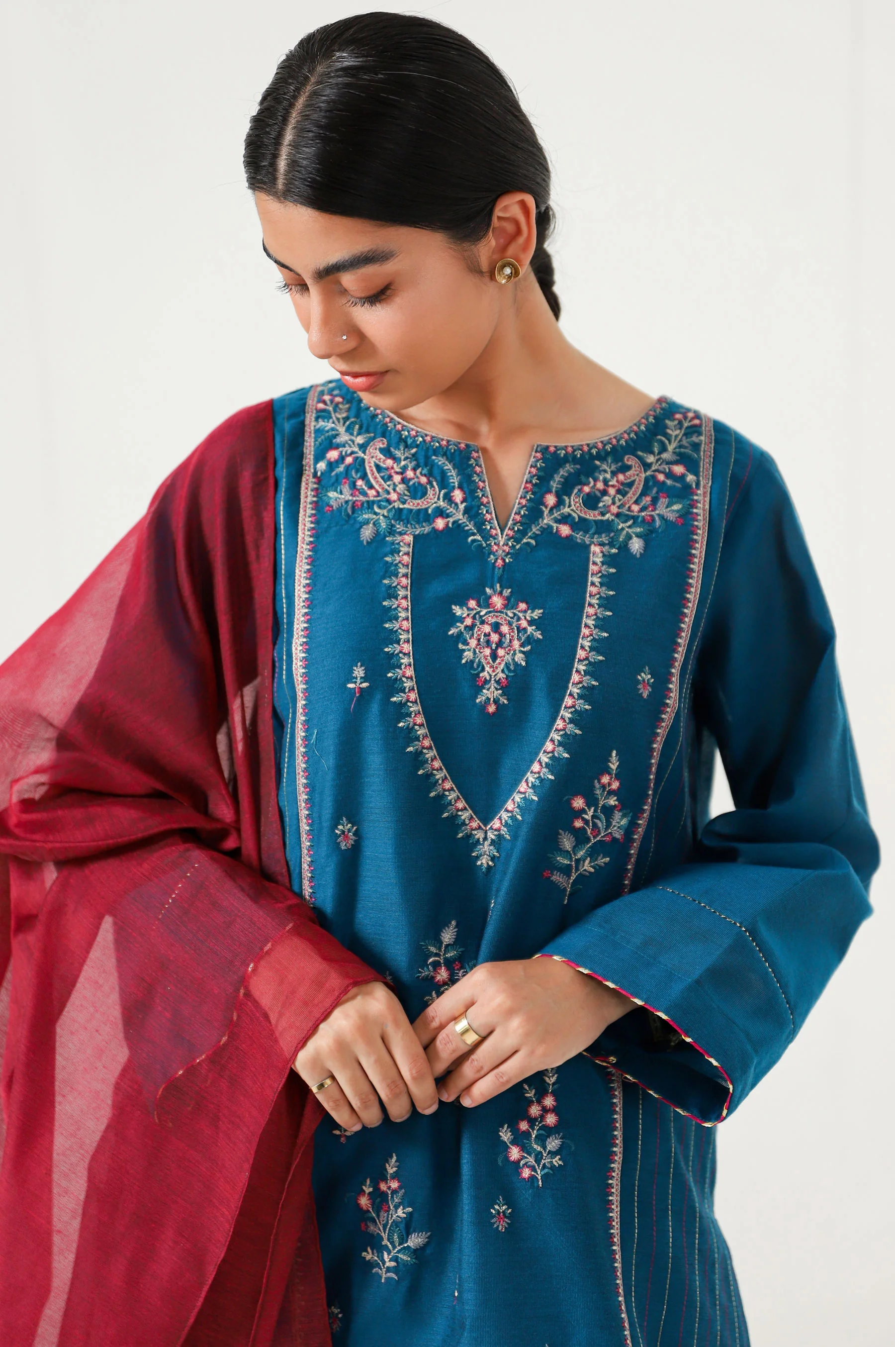 Stitched 3 Piece Cotton Net Embroidered Suit. - Image 2