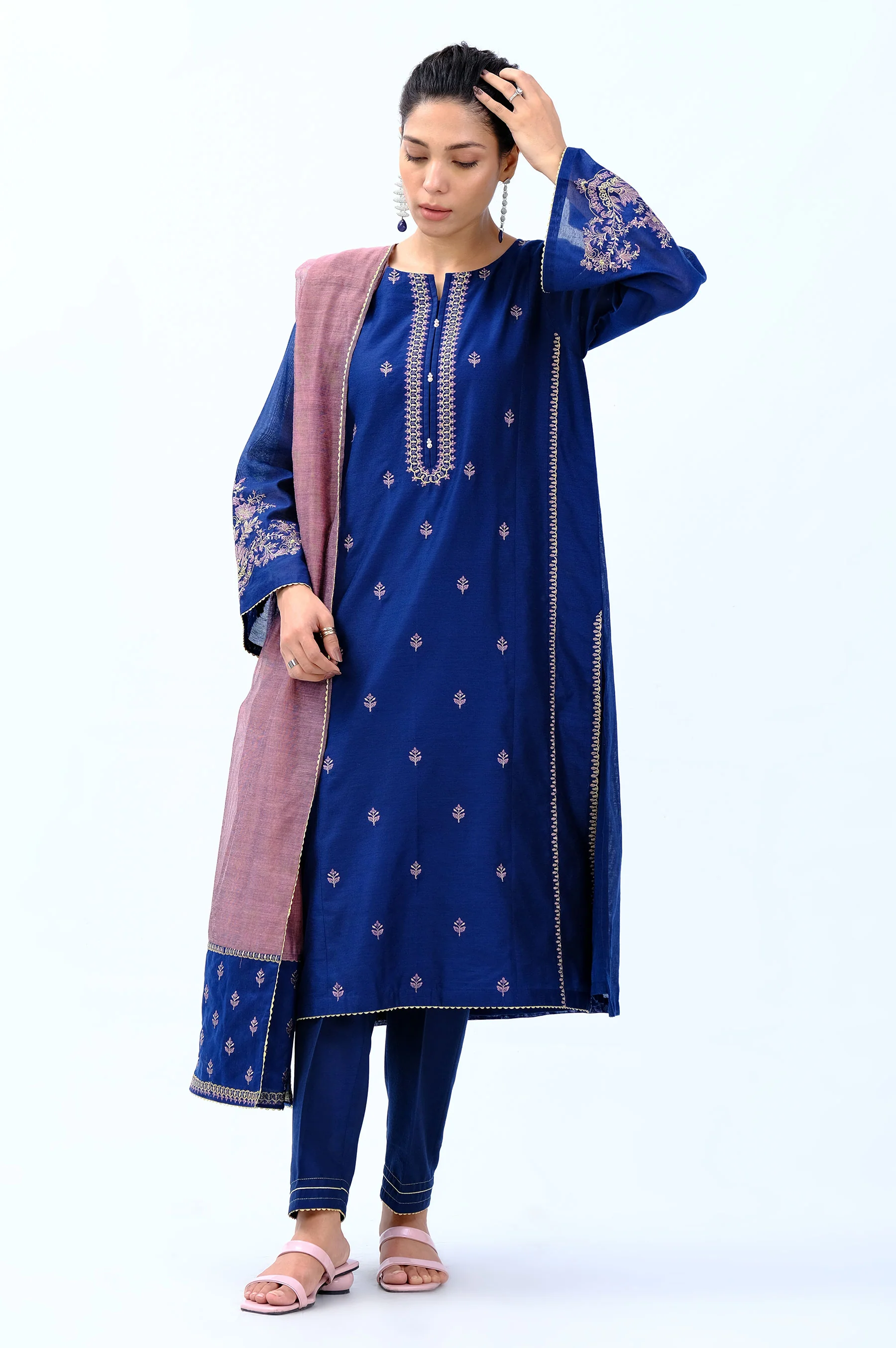 Stitched 3 Piece Cotton Net Embroidered Suit - Image 4