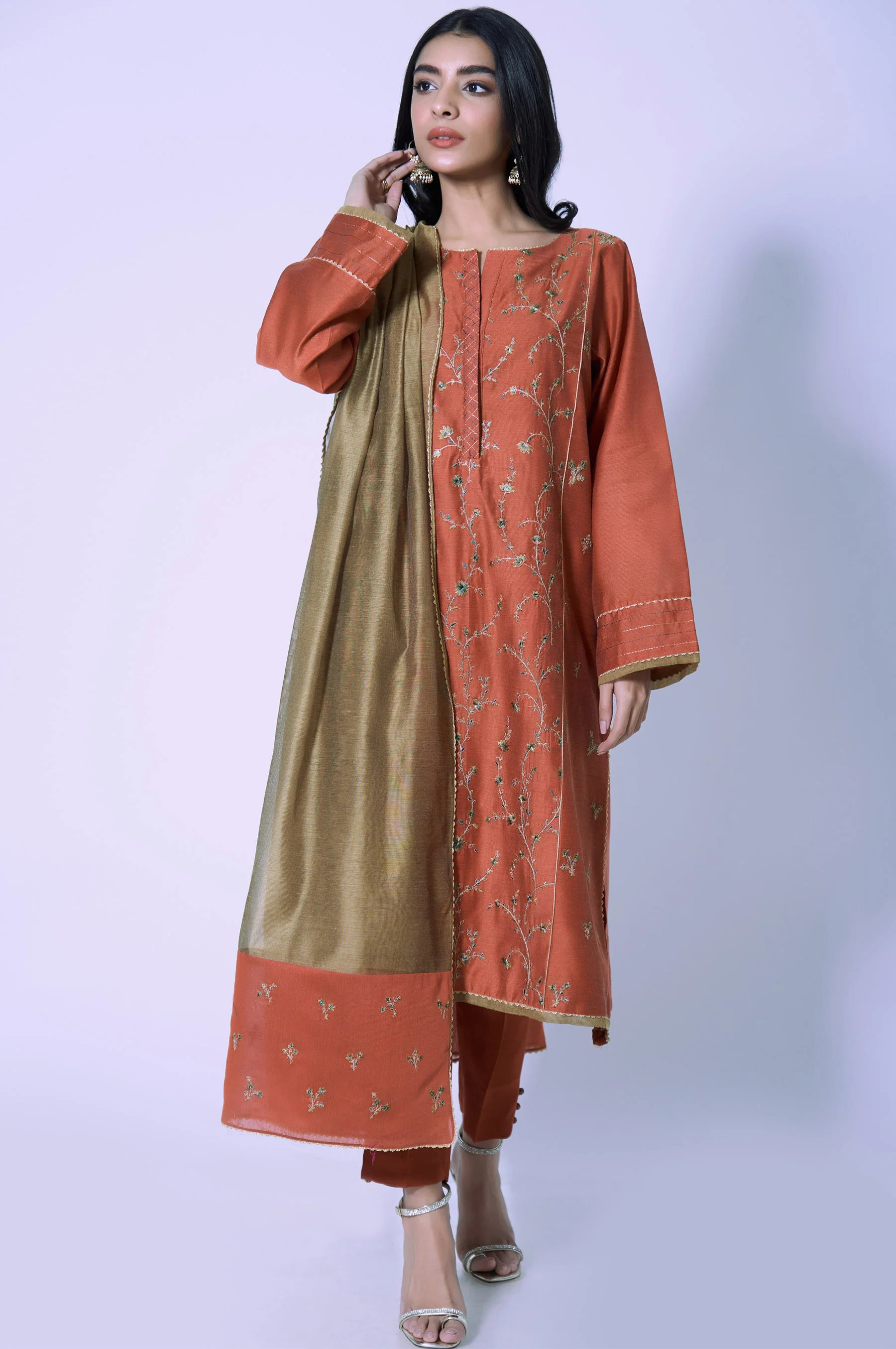 Stitched 3 Piece Cotton Net Embroidered Outfit - Image 5