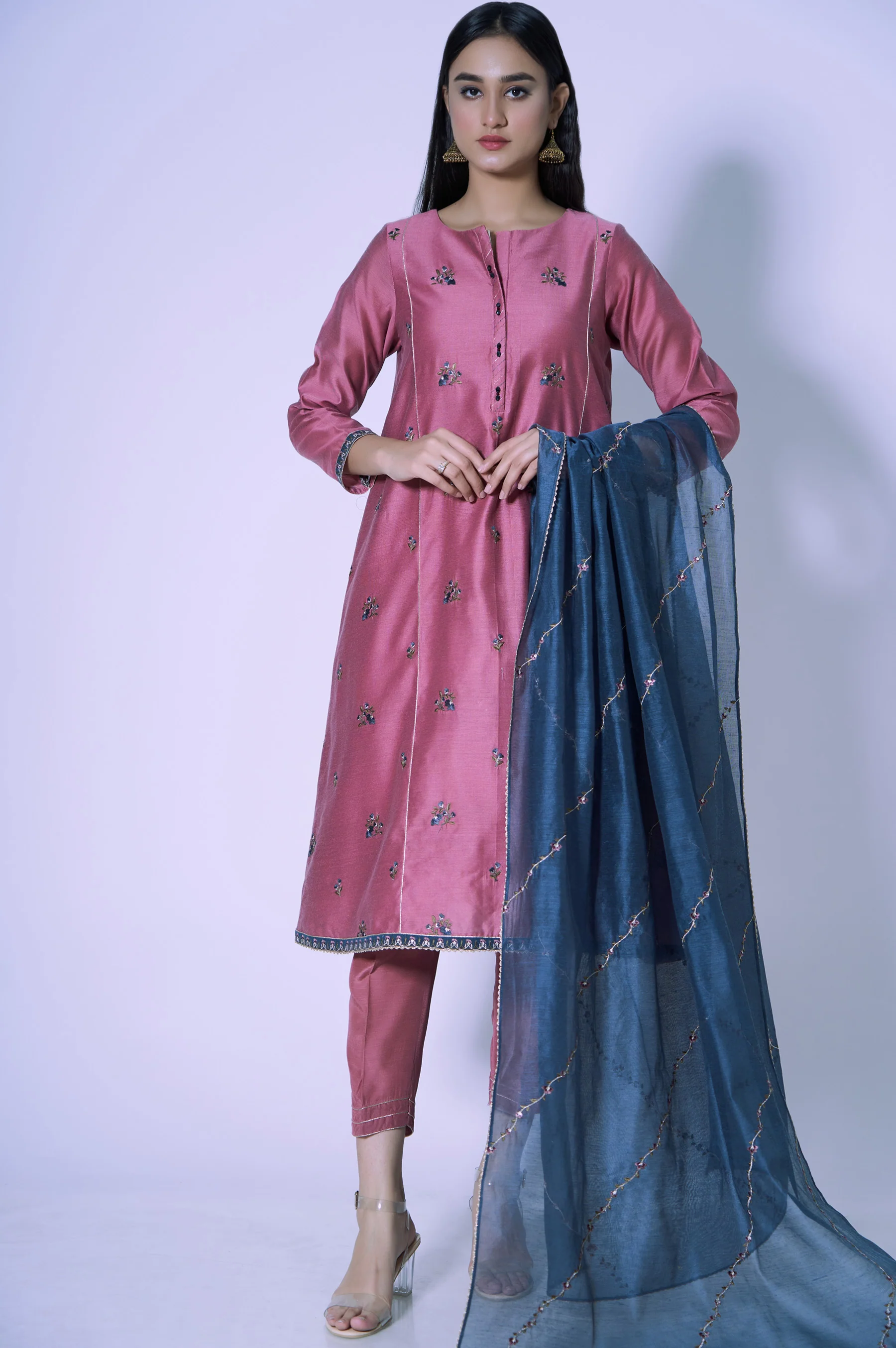 Stitched 3 Piece Cotton Net Light Embroidered Outfit - Image 2