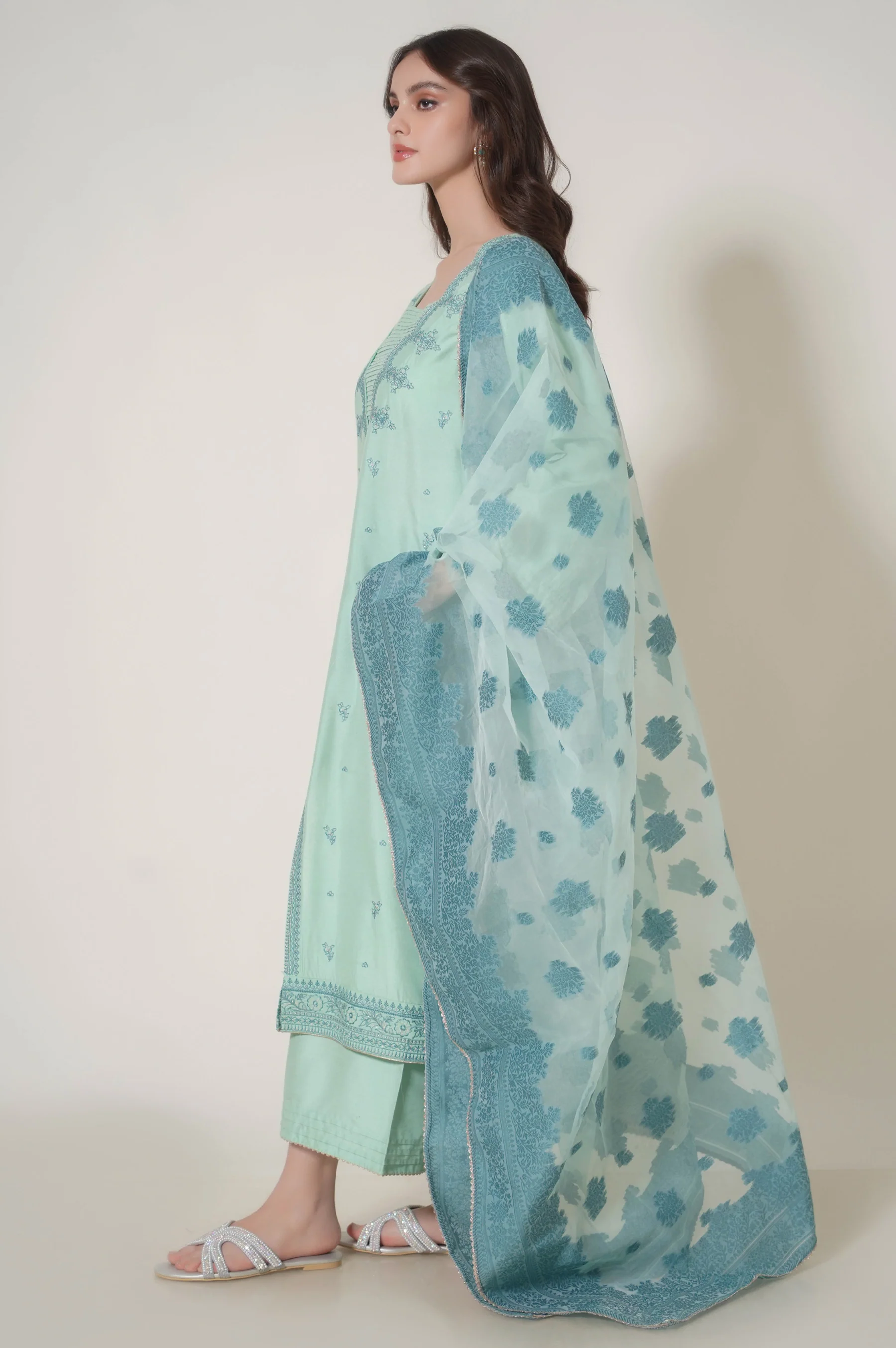 Stitched 3 Piece Embroidered Cotton Silk Outfit - Image 3