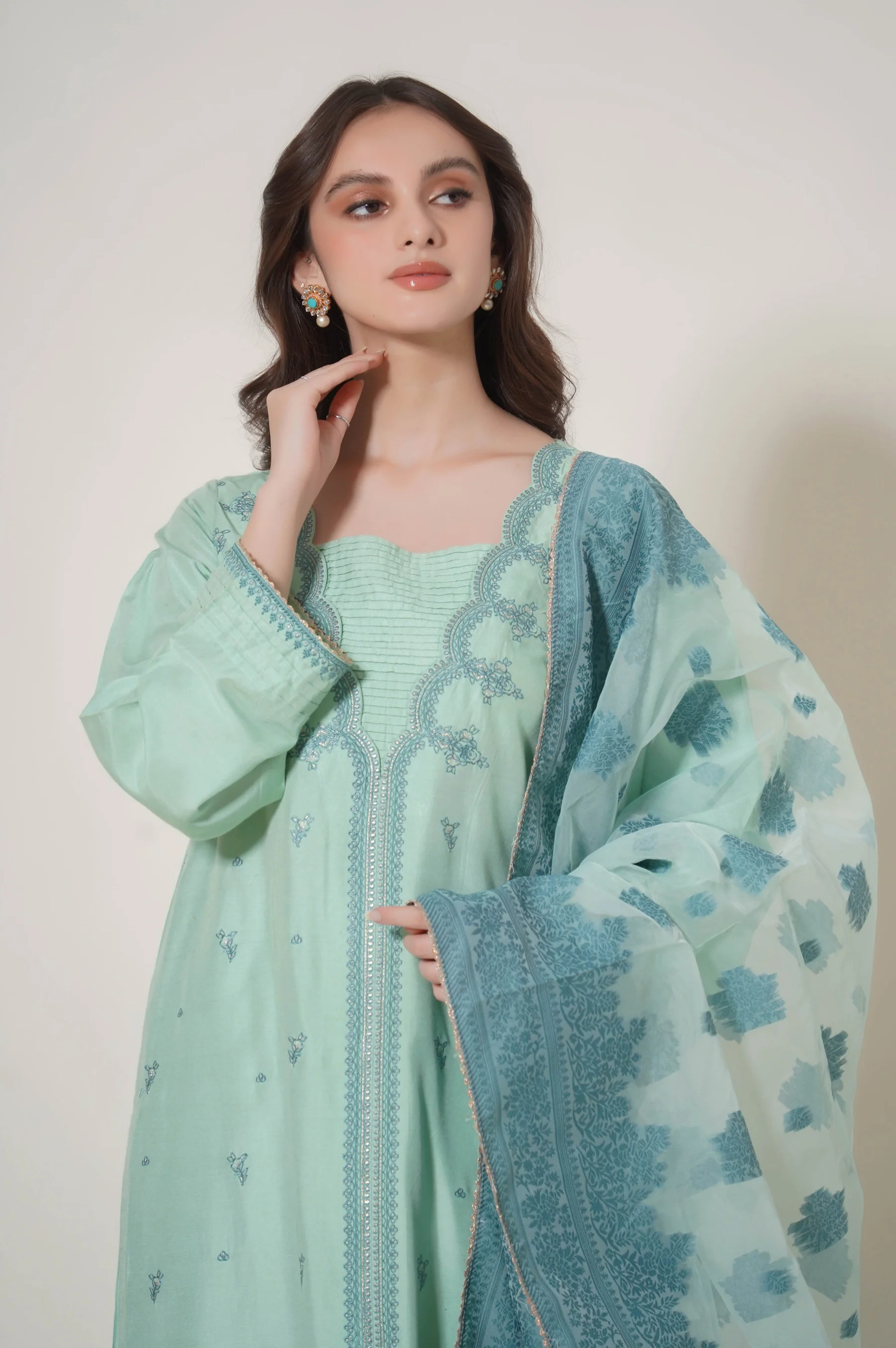 Stitched 3 Piece Embroidered Cotton Silk Outfit - Image 4
