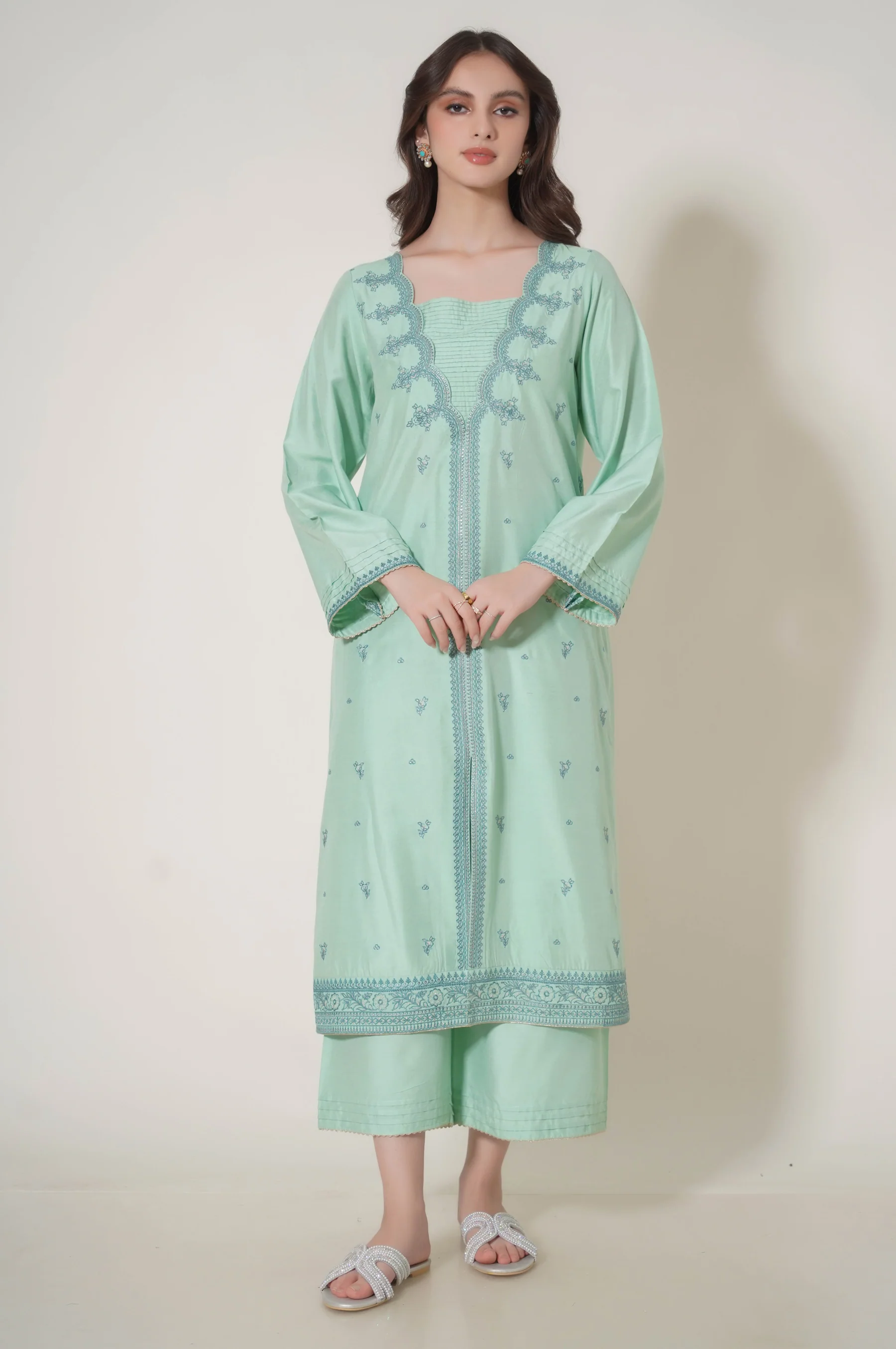Stitched 3 Piece Embroidered Cotton Silk Outfit - Image 5