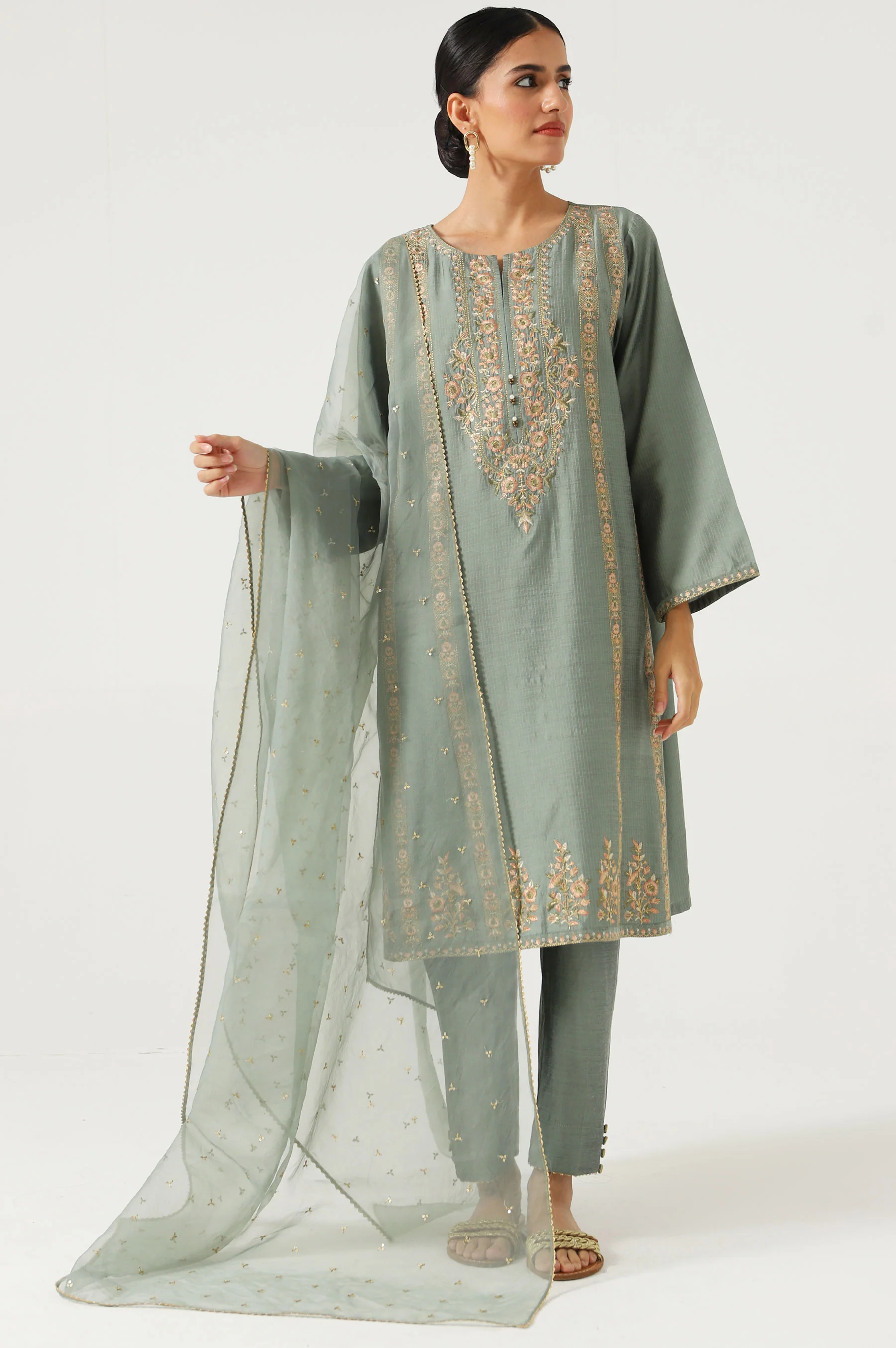 Stitched 3 Piece Cotton Silk Embroidered Suit - Image 2